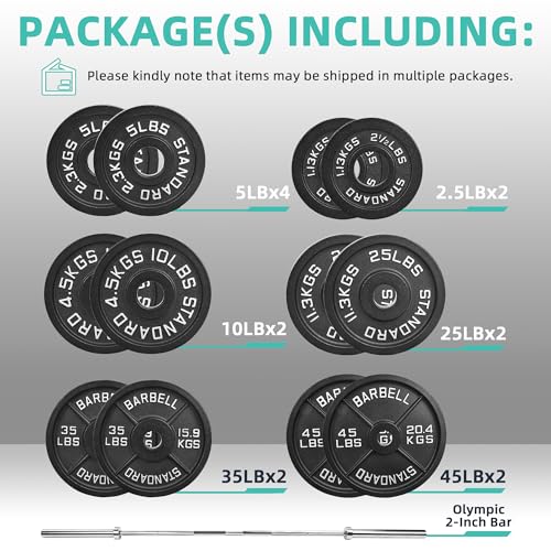 Fitvids 2-Inch Olympic Cast Iron Barbell Set, 255 lbs Weight Plates with 7FT Olympic Bar – 300 lbs Total, Multiple Package Options