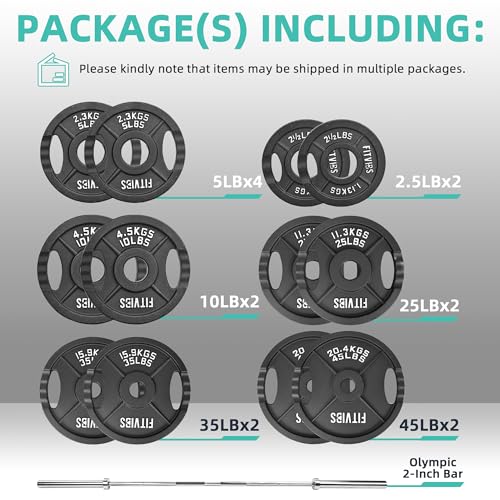 Fitvids 2-Inch Olympic Cast Iron Barbell Set, 255 lbs Weight Plates with 7FT Olympic Bar – 300 lbs Total, Multiple Package Options
