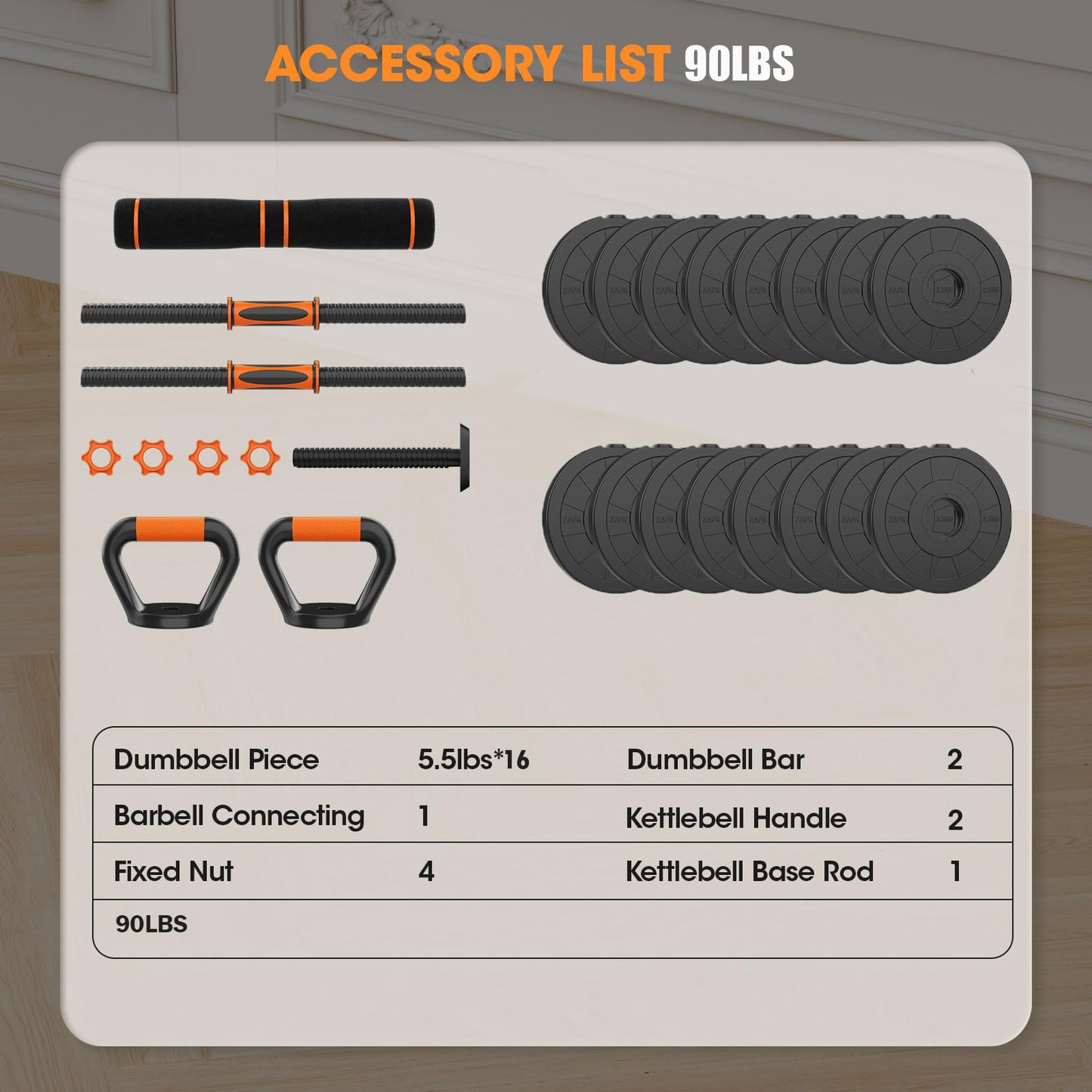 Adjustable 4-in-1 Dumbbell Set 20/50/70/90 lbs, Converts to Barbell, Kettlebell and Push-Up Stand for Home Gym Fitness