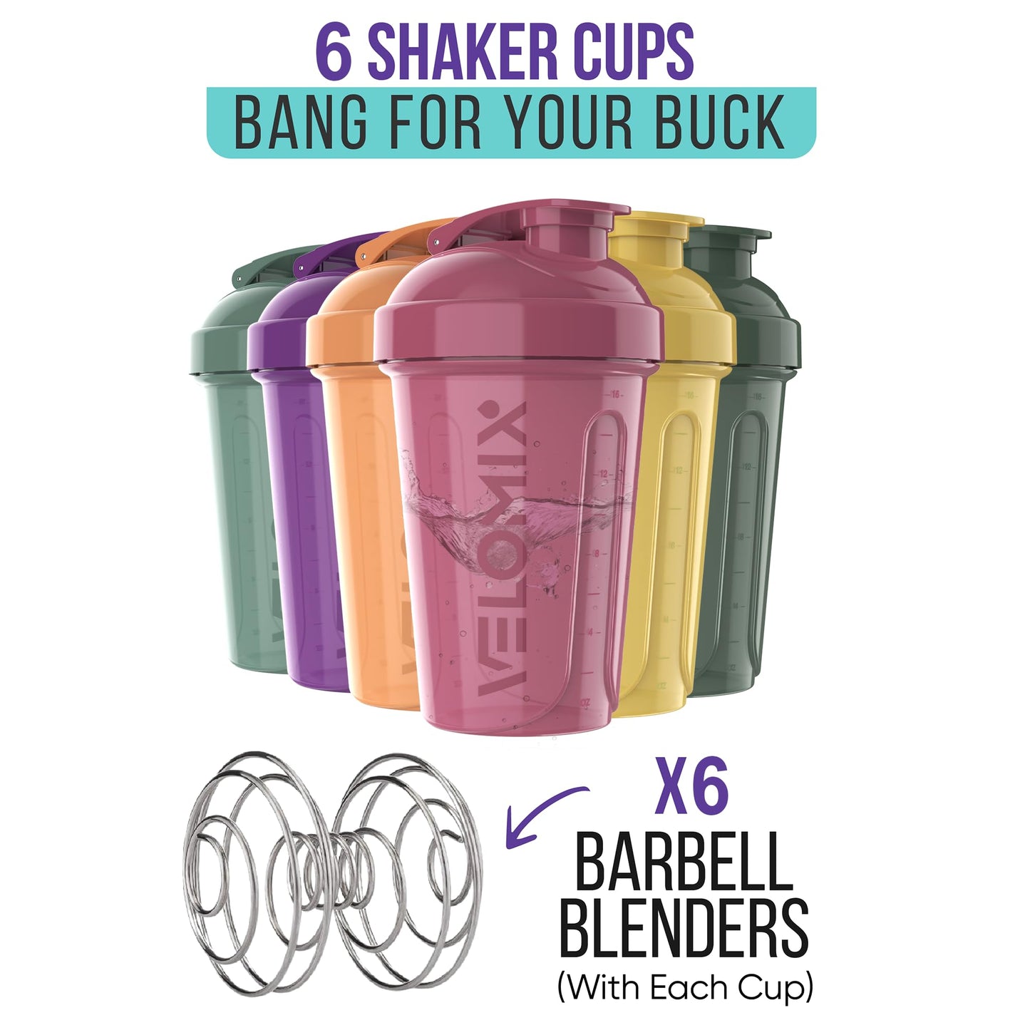 VELOMIX -6 PACK- 20 oz Protein Shaker Bottles for Protein Mixes | Leak-Proof Small Shaker Cups with Wire Whisks | Durable Protein Shake Bottle Pack for Gym, Fitness, and Smoothies (Nature Tones Series)