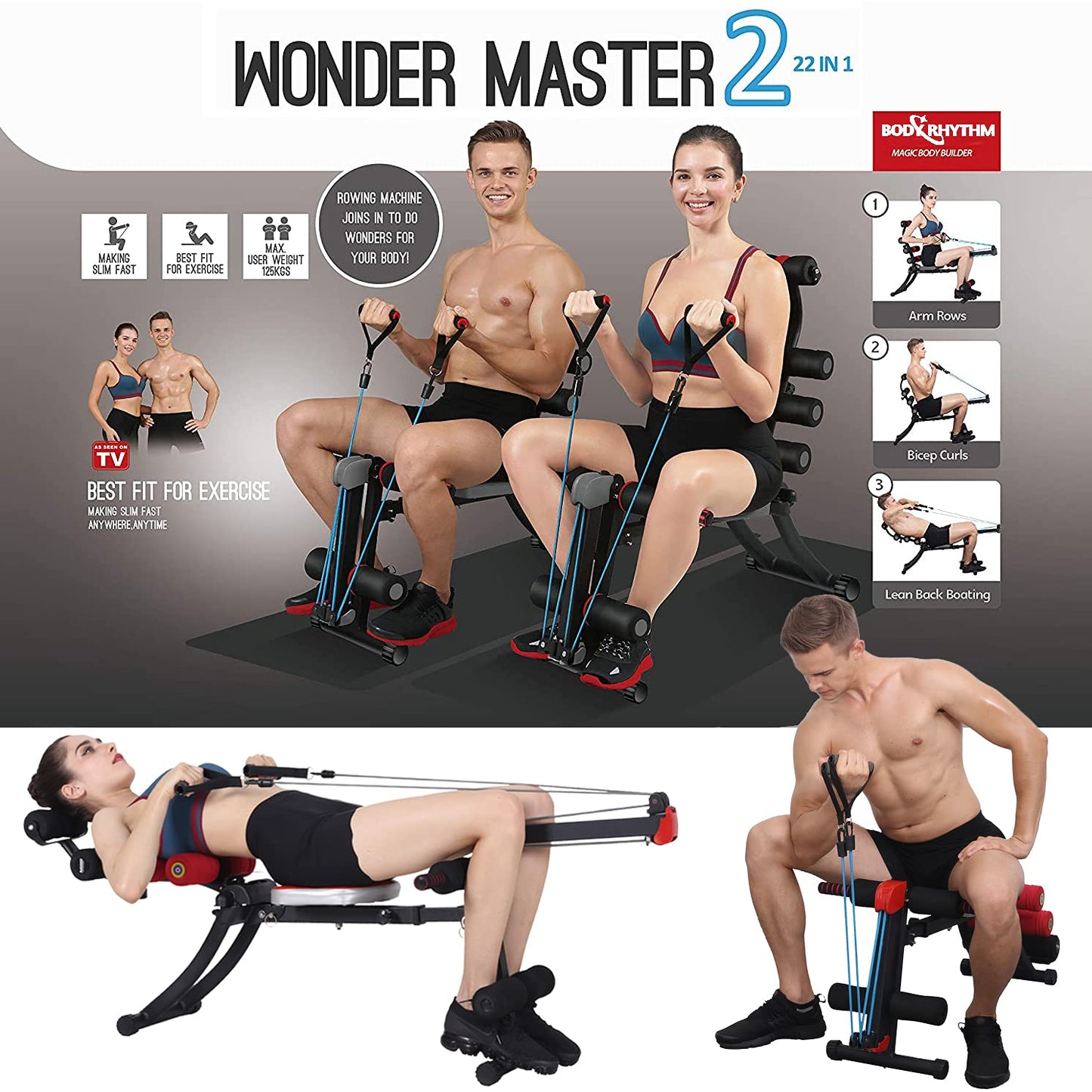 BODY RHYTHM 22-in-1 Wonder Master Core & Abdominal Workout Equipment – Foldable & Adjustable Rowing Machine, Core Strength Training & Ab Exercise Trainer with 22 Workout Modes for Home Gym