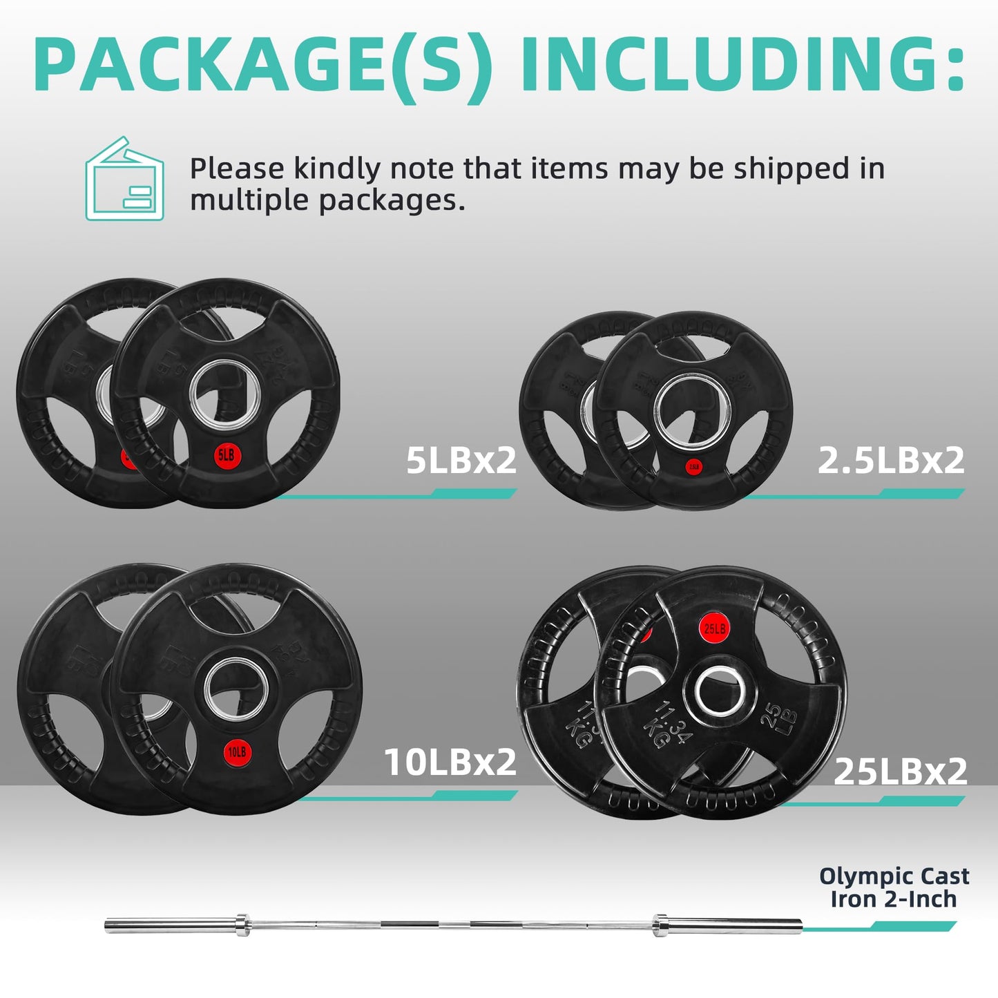 Fitvids 2-Inch Olympic Cast Iron Weight Plates with 5FT Barbell and Safety Locks – 100 lbs Set (85 lbs Plates + 15 lbs Bar), Multiple Package Options