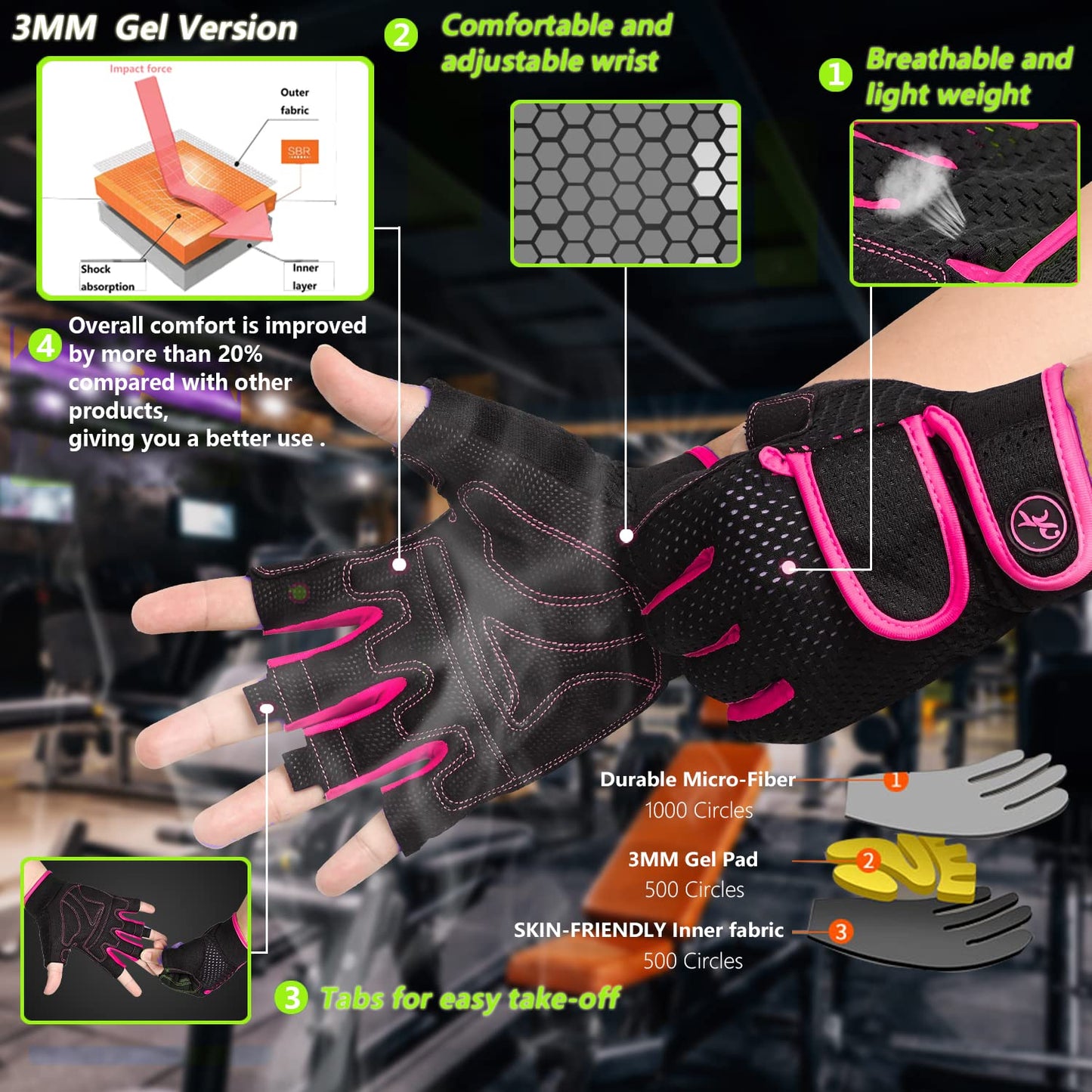 Padded Weight Lifting Gloves for Men and Women, 3MM Gel Fingerless Grip Gym Gloves for Exercise, Pull Ups, Cycling, and Rowing