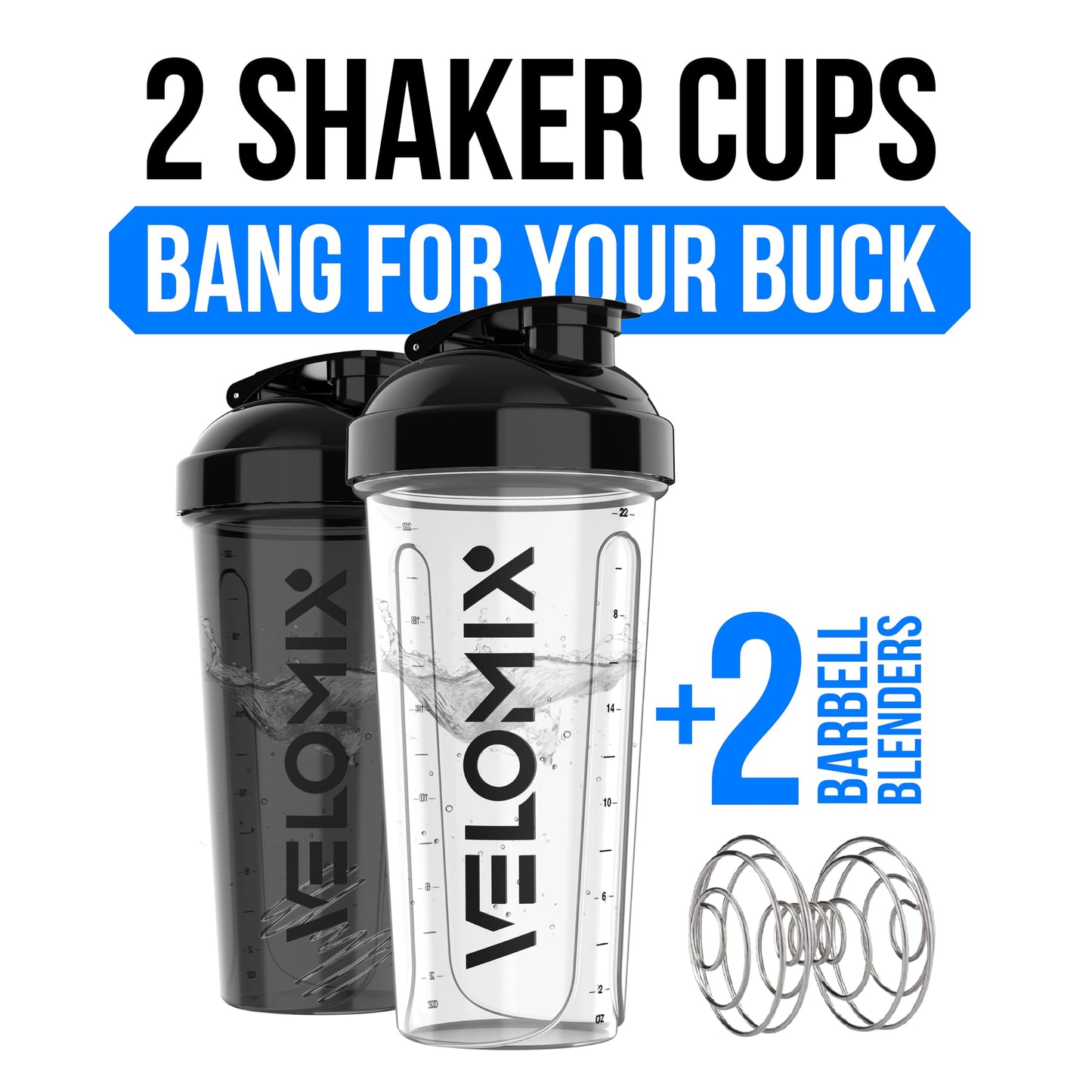 VELOMIX 2-Pack Protein Shaker Bottles (28oz) – Leak-Proof Shaker Cups with Dual Wire Whisks – Ideal for Protein Shakes, Smoothies & Pre-Workout Drinks – Durable & BPA-Free (Black/Transparent)