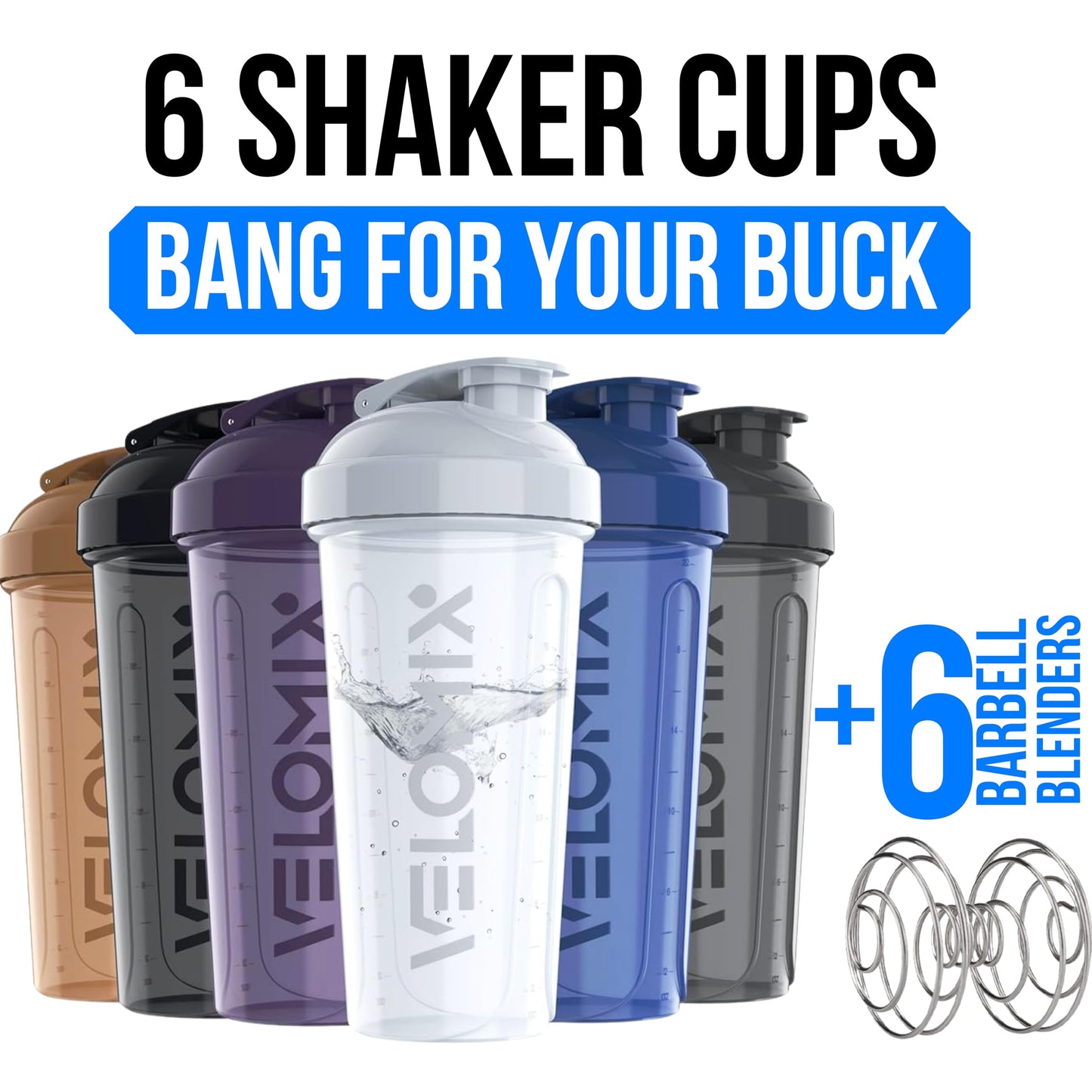 VELOMIX Protein Shaker Bottle 6-Pack (28oz) – Includes 6 Wire Whisks | Leak-Proof Shaker Cups for Protein Shakes & Pre-Workout Drinks | Durable Mixing Bottles for Fitness, Gym, and Smoothies (Elemental Mix)
