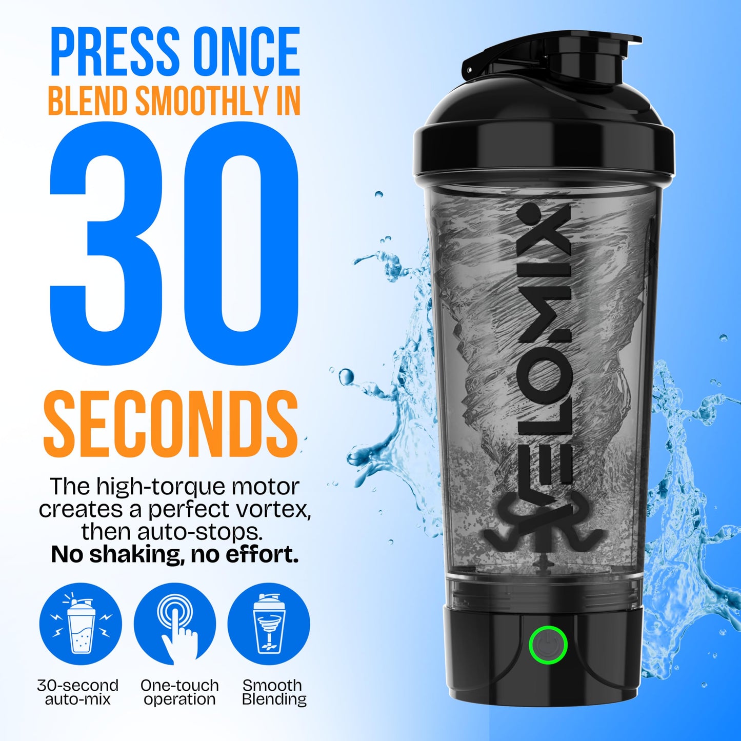 VELOMIX Electric Protein Shaker Bottle (24oz) – USB-C Rechargeable, Leak-Proof Automatic Mixer Cup – Portable Electric Blender Bottle for Protein Shakes, Smoothies & Pre-Workout Drinks (Black)