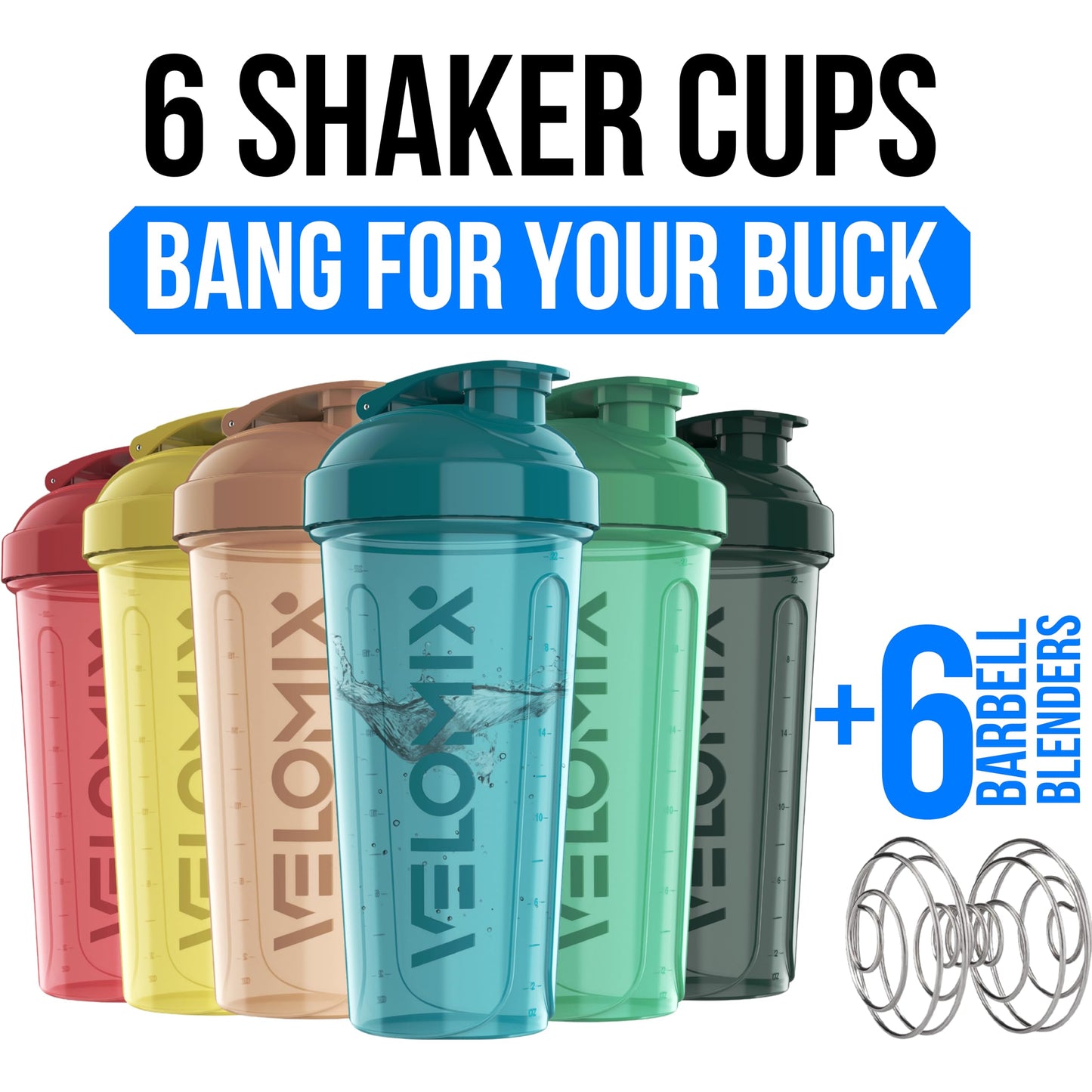 VELOMIX Protein Shaker Bottle 6-Pack (28oz) – Includes 6 Wire Whisks | Leak-Proof Shaker Cups for Protein Shakes & Pre-Workout Drinks | Durable Mixing Bottles for Gym, Fitness, and Smoothies (Hawai Shadows)