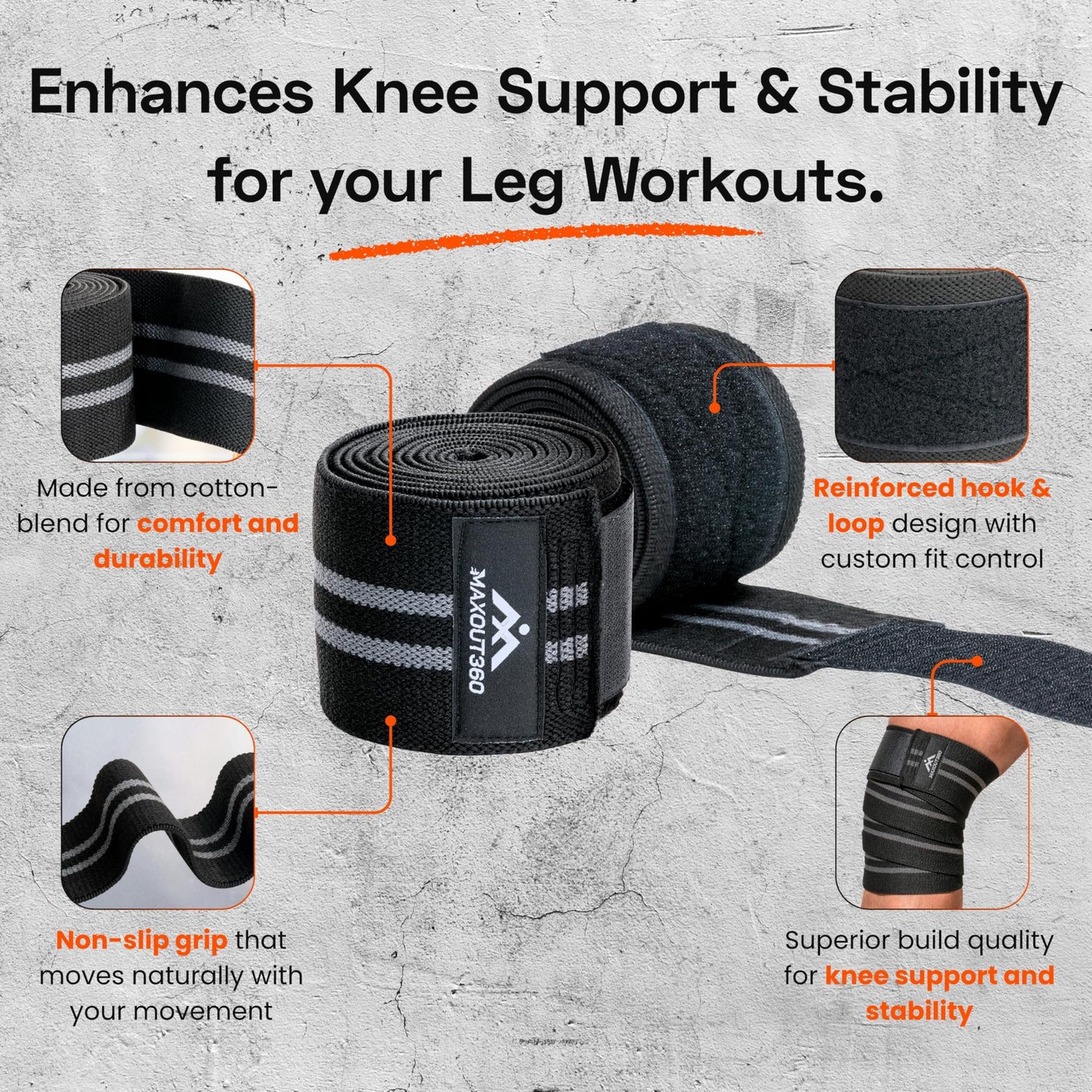 Knee Wraps for Weightlifting (Pair) – 78" Cotton Elastic Knee Straps for Squats, Leg Workouts & Powerlifting – Compression Support Wraps for Strength Training, Gym & Fitness – Black