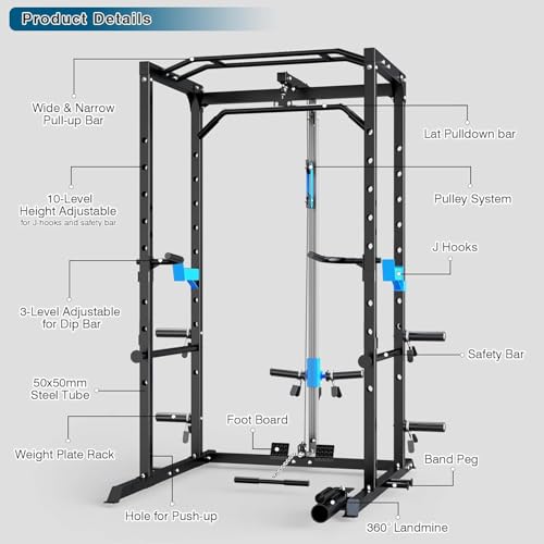 Multi-Functional Power Cage with J-Hooks, Dip Handles, Landmine Attachment, and Optional Cable Pulley System for Home Gym Workouts
