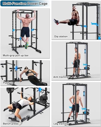 Multi-Functional Power Cage with J-Hooks, Dip Handles, Landmine Attachment, and Optional Cable Pulley System for Home Gym Workouts