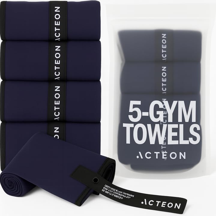 Acteon Microfiber Gym Towels (5 Pack, Midnight Blue) – Quick Dry Silver ION Odor-Free Towels | Super Absorbent & Fast Drying Sweat Towels for Men & Women | Ideal for Workout, Yoga, Running, Beach & Travel – 16x30.5 Inch