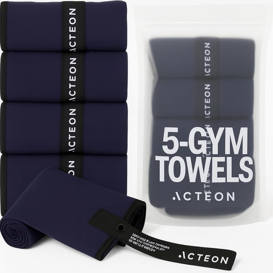 Acteon Microfiber Gym Towels (5 Pack, Midnight Blue) – Quick Dry Silver ION Odor-Free Towels | Super Absorbent & Fast Drying Sweat Towels for Men & Women | Ideal for Workout, Yoga, Running, Beach & Travel – 16x30.5 Inch