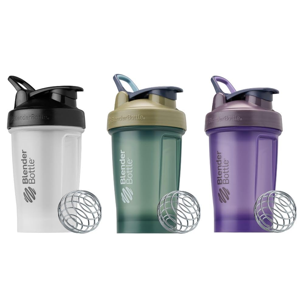 BlenderBottle Classic V2 Shaker Bottle 3-Pack (20 oz) – Protein Shake and Pre-Workout Mixer Cup with BlenderBall Wire Whisk – BPA-Free, Leak-Proof Design – Colors: Black, Tan/Blue, Purple