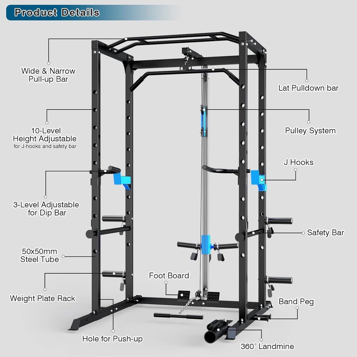 Multi-Functional Power Cage with J-Hooks, Dip Handles, Landmine Attachment, and Optional Cable Pulley System for Home Gym Workouts
