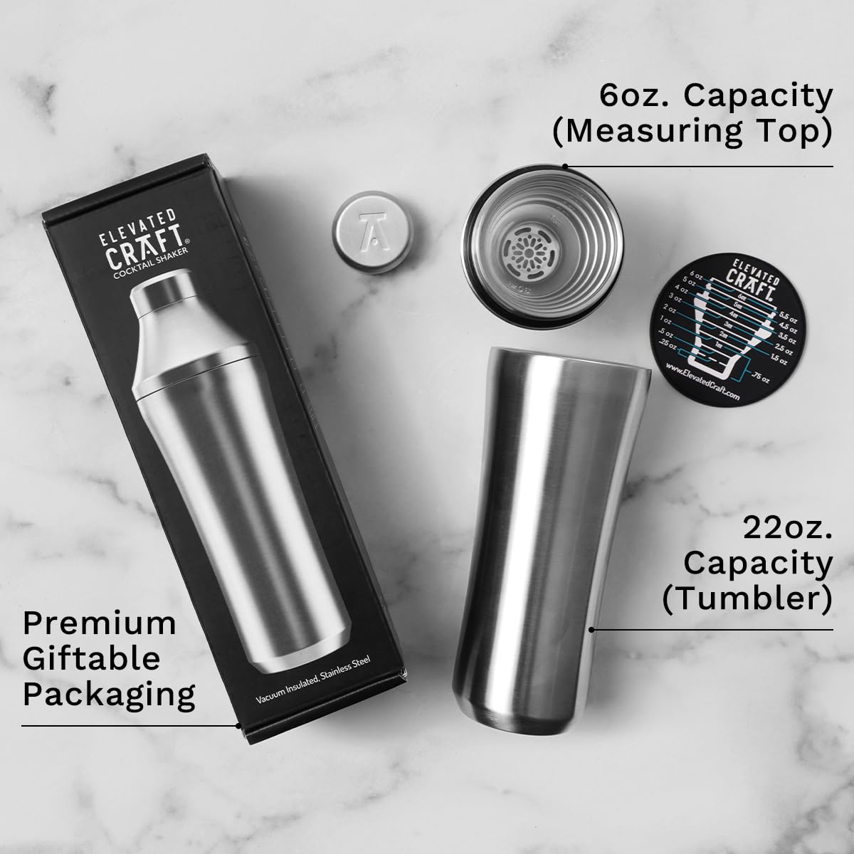 Elevated Craft Hybrid Cocktail Shaker - 28oz Premium Vacuum Insulated Stainless Steel Martini Shaker with Built-in Measuring System - Professional Cocktail Shaker for Home Bartenders