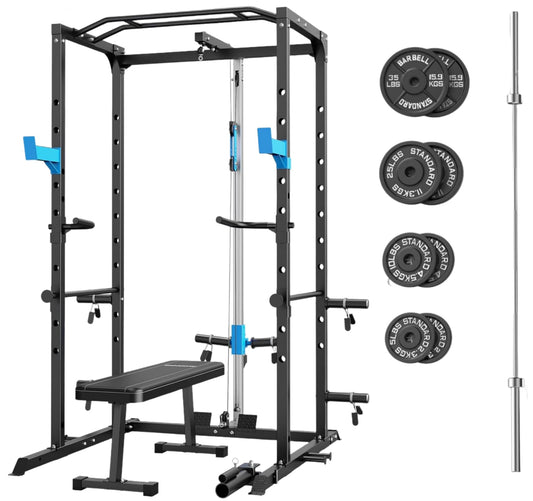 Multi-Functional Power Cage with J-Hooks, Dip Handles, Landmine Attachment, and Optional Cable Pulley System for Home Gym Workouts