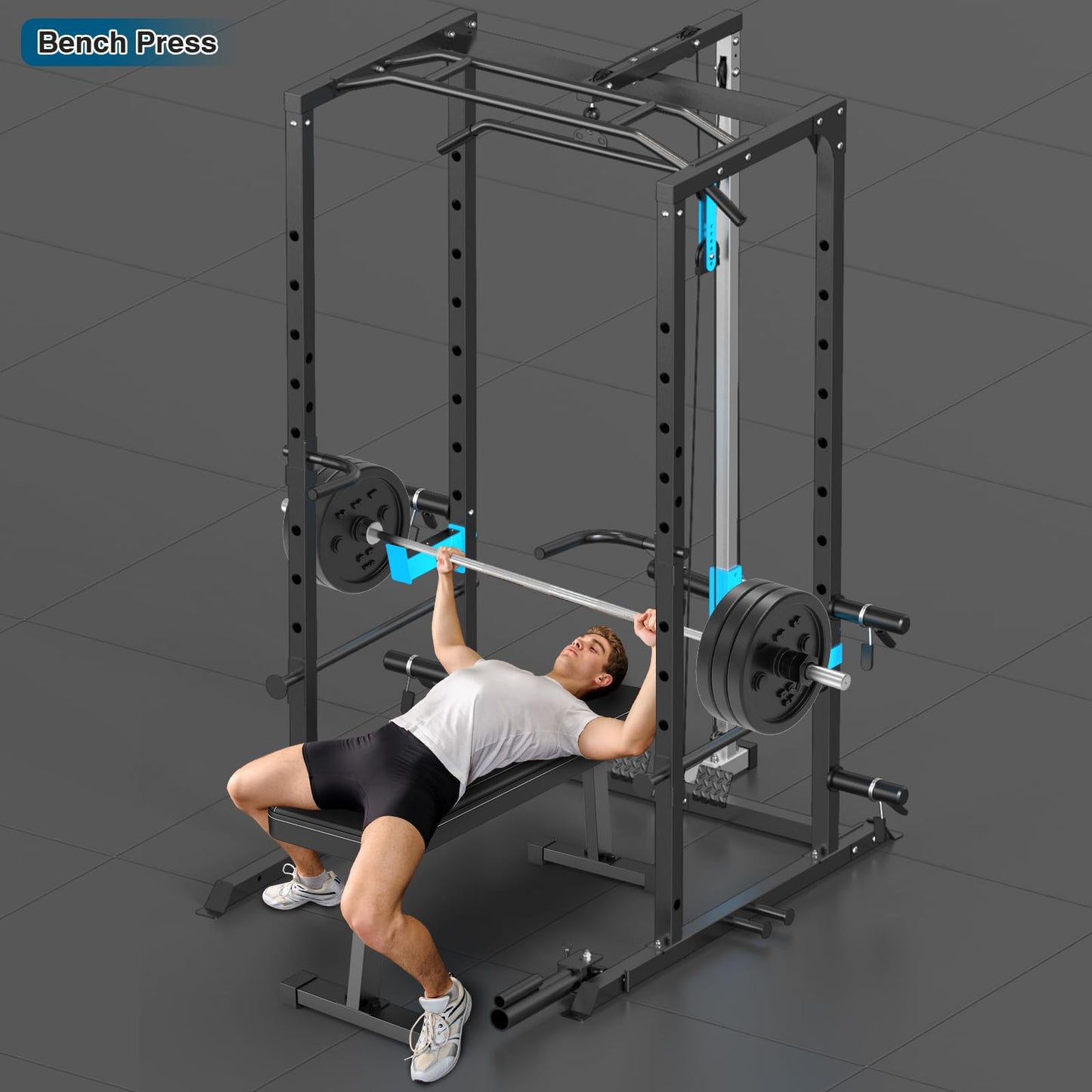 Multi-Functional Power Cage with J-Hooks, Dip Handles, Landmine Attachment, and Optional Cable Pulley System for Home Gym Workouts