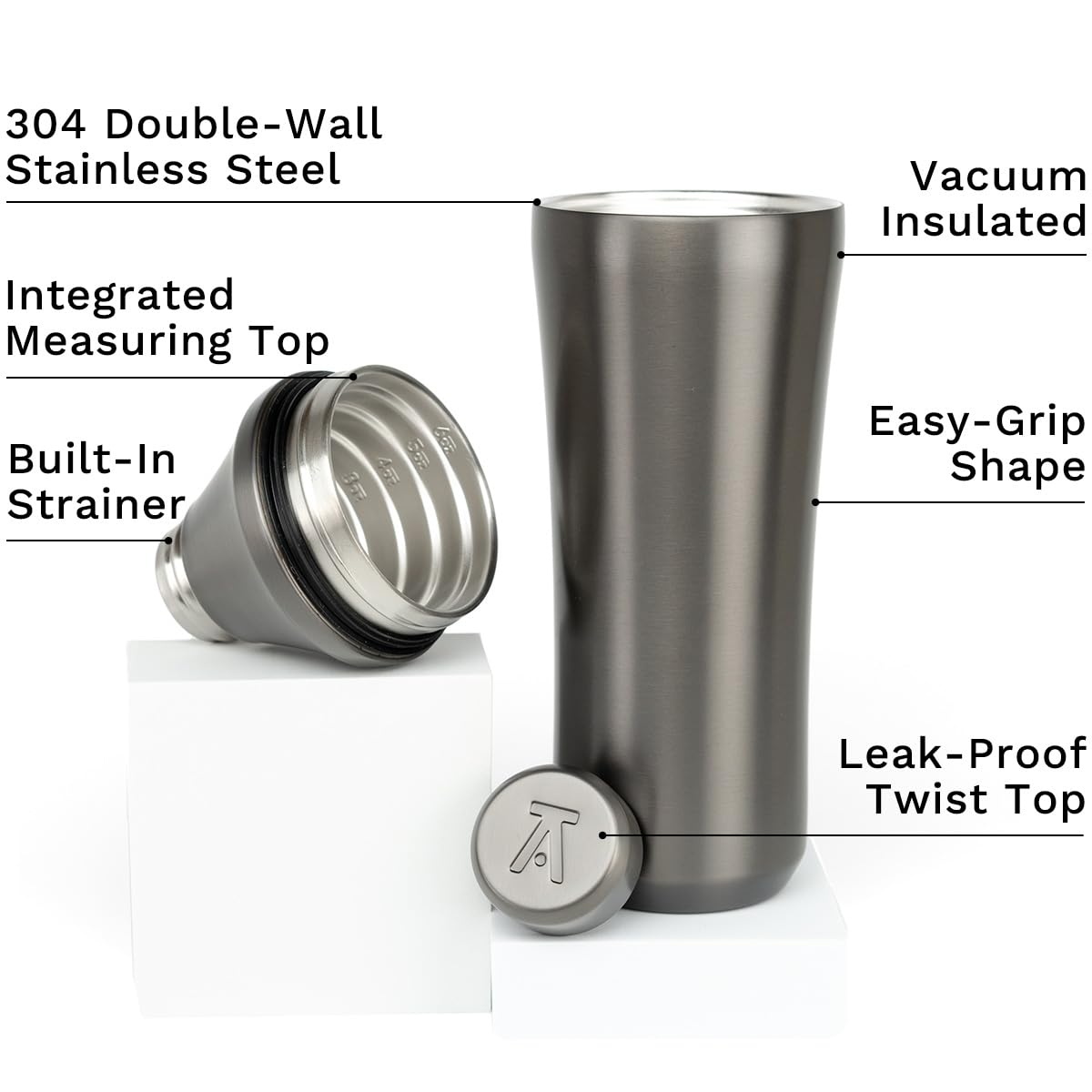 Elevated Craft Hybrid Cocktail Shaker - 28oz Vacuum Insulated Stainless Steel Martini Shaker with Built-in Measuring System - Premium Gunmetal Cocktail Mixer for Home Bartenders