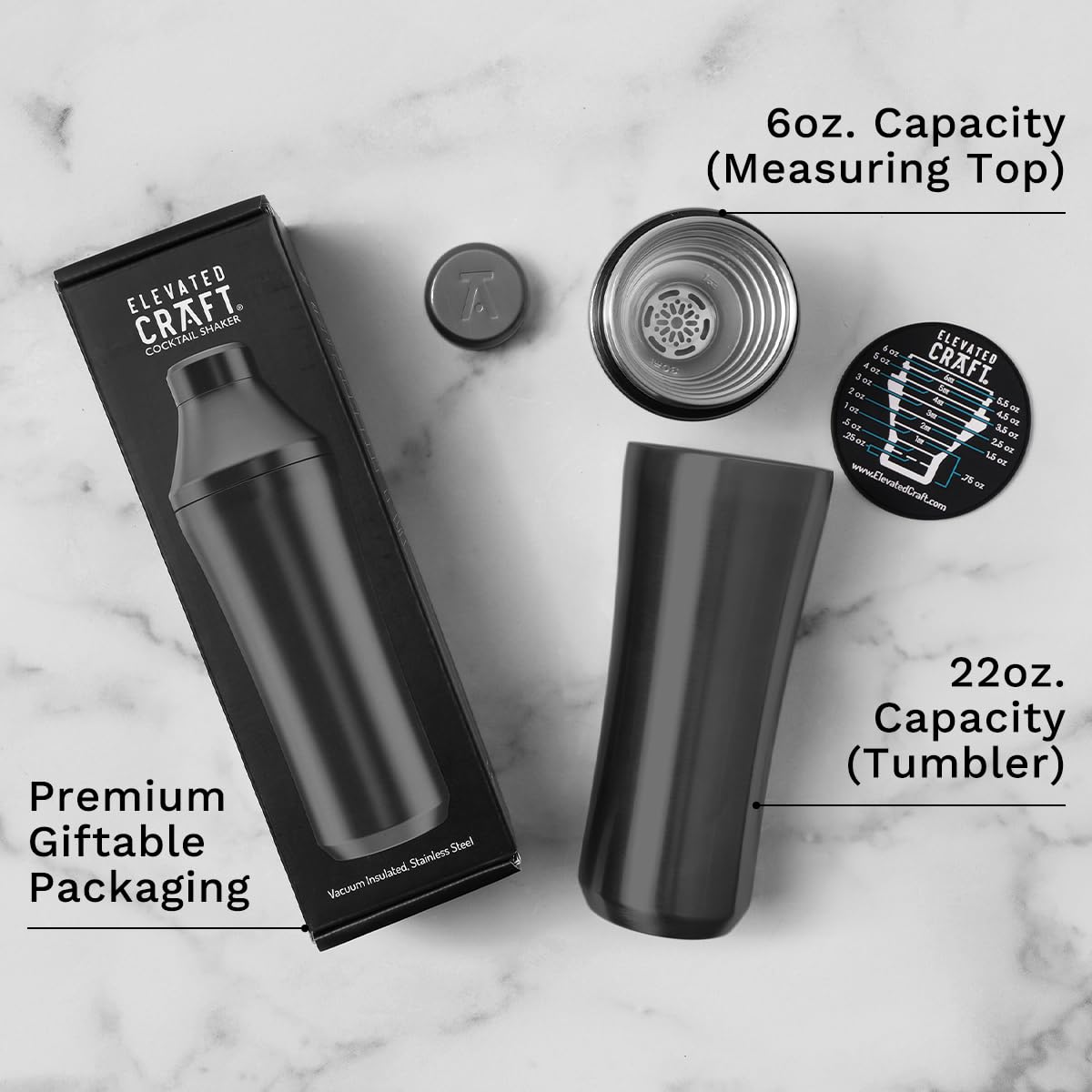Elevated Craft Hybrid Cocktail Shaker - 28oz Vacuum Insulated Stainless Steel Martini Shaker with Built-in Measuring System - Premium Gunmetal Cocktail Mixer for Home Bartenders