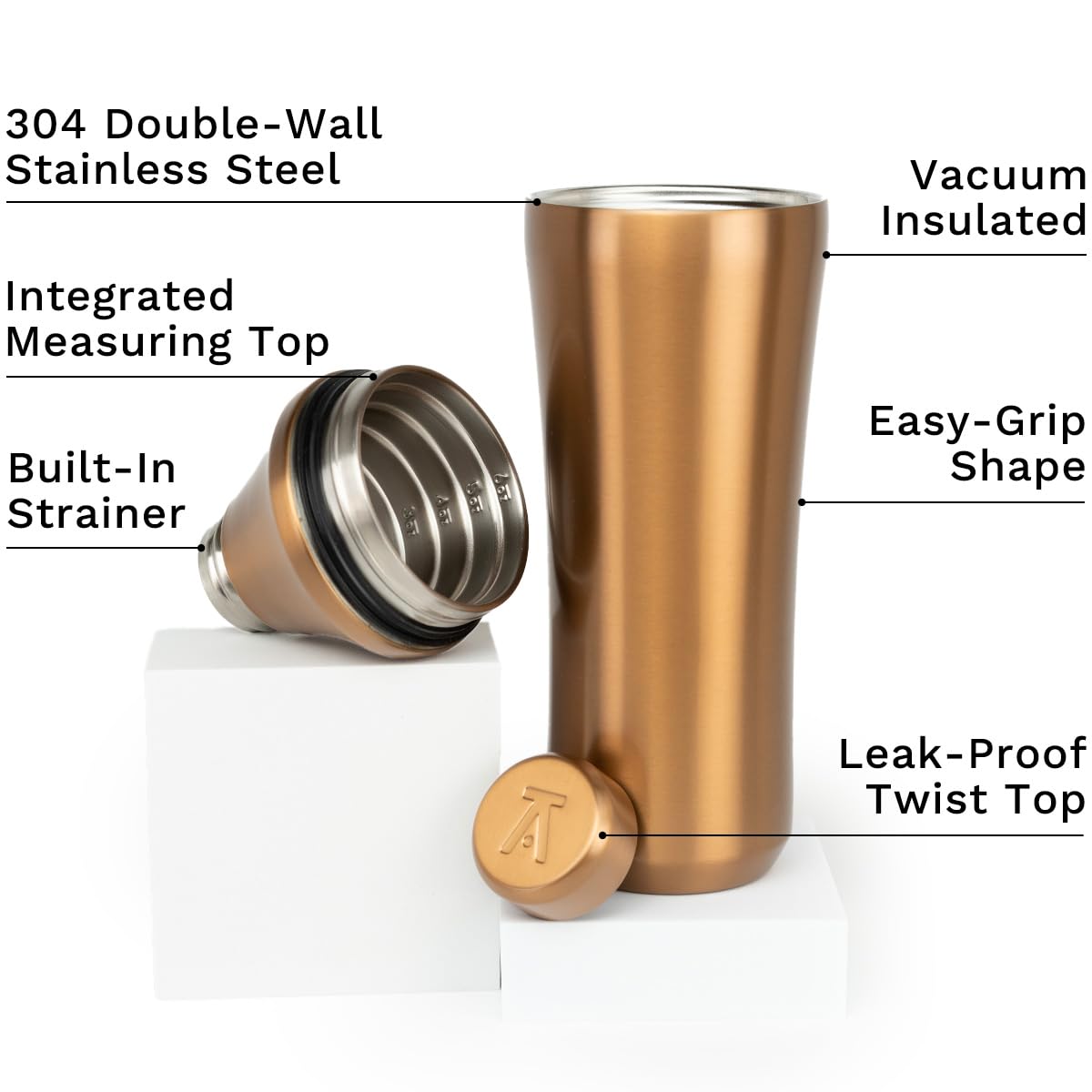 Elevated Craft Hybrid Cocktail Shaker - Premium Vacuum Insulated Stainless Steel Copper Cocktail Shaker - Innovative Measuring System - Martini Shaker for the Home Bartender - 28oz Total Volume