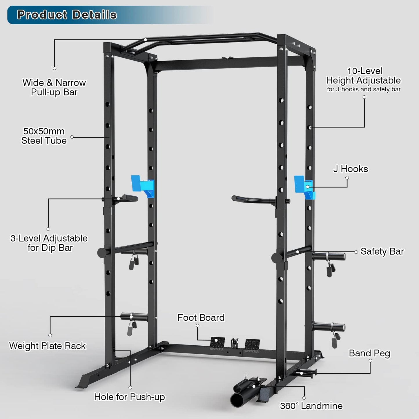 Multi-Functional Power Cage with J-Hooks, Dip Handles, Landmine Attachment, and Optional Cable Pulley System for Home Gym Workouts