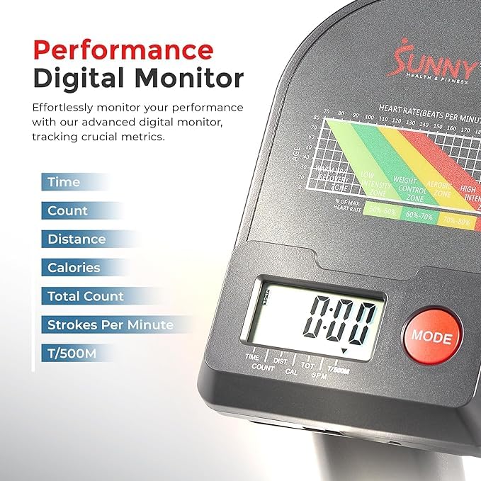 **Sunny Health & Fitness Compact Full-Motion Rowing Machine – Adjustable Resistance Rower for Low-Impact Full-Body Workouts, Long Slide Rail, Space-Saving Foldable Design, Compatible with SunnyFit App**
