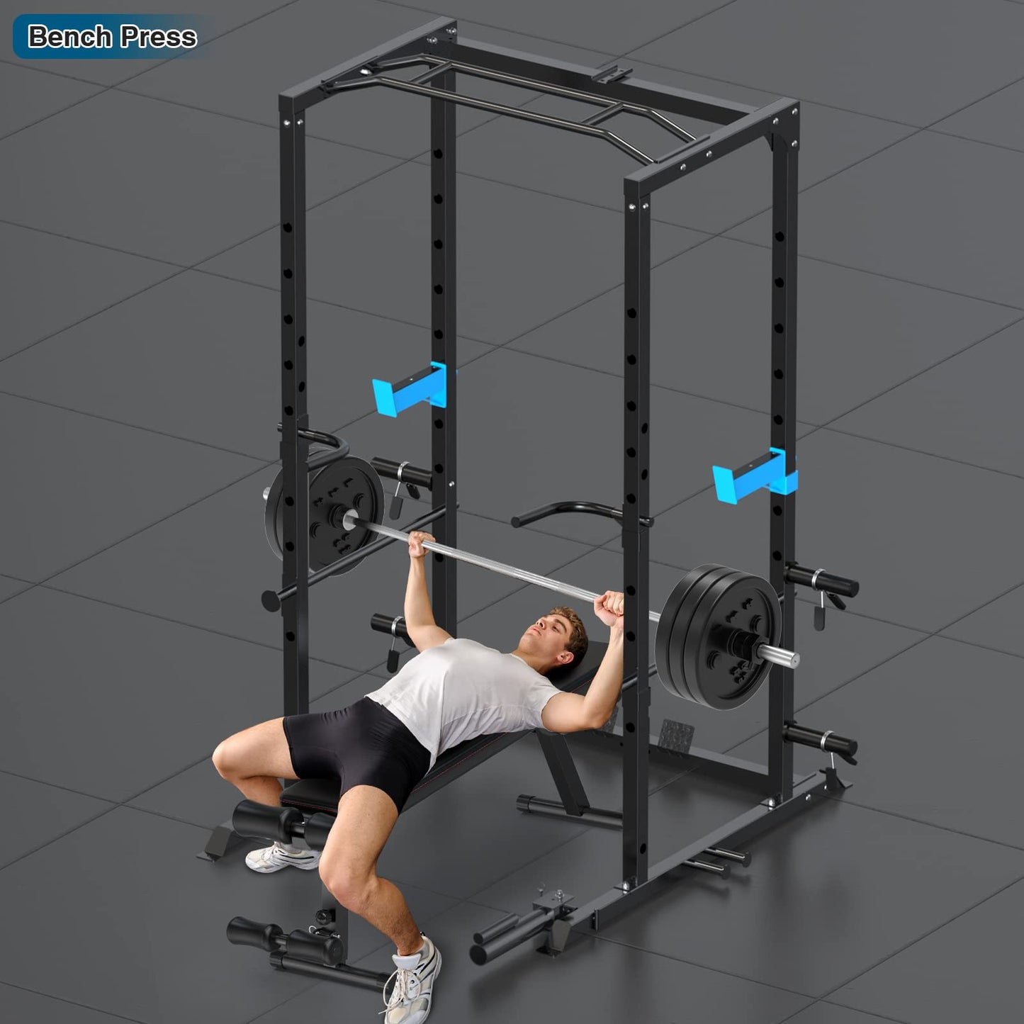 Multi-Functional Power Cage with J-Hooks, Dip Handles, Landmine Attachment, and Optional Cable Pulley System for Home Gym Workouts