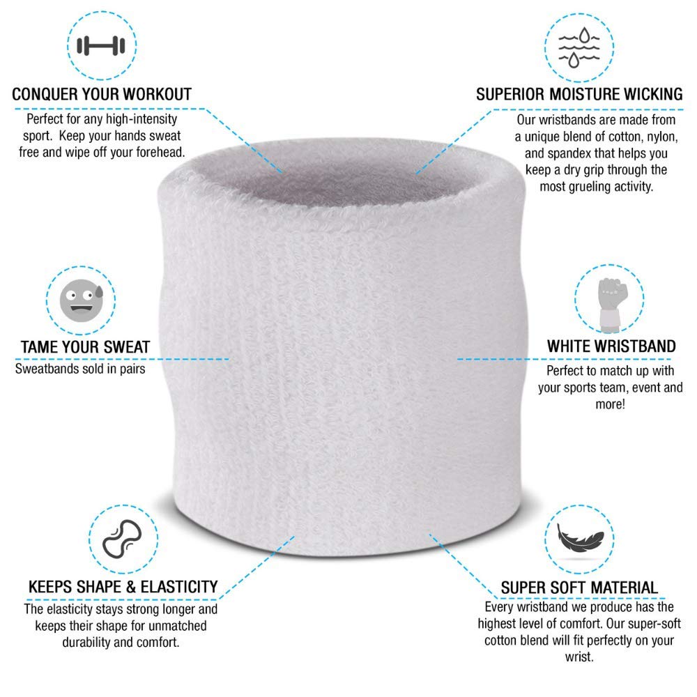 Suddora Wrist Sweatbands – Absorbent & Breathable Thick Cotton Wristbands for Sports, Workouts, Basketball, Tennis, Football, Gymnastics & More | Multiuse Athletic Bands for Exercise, Costumes & Cosplay