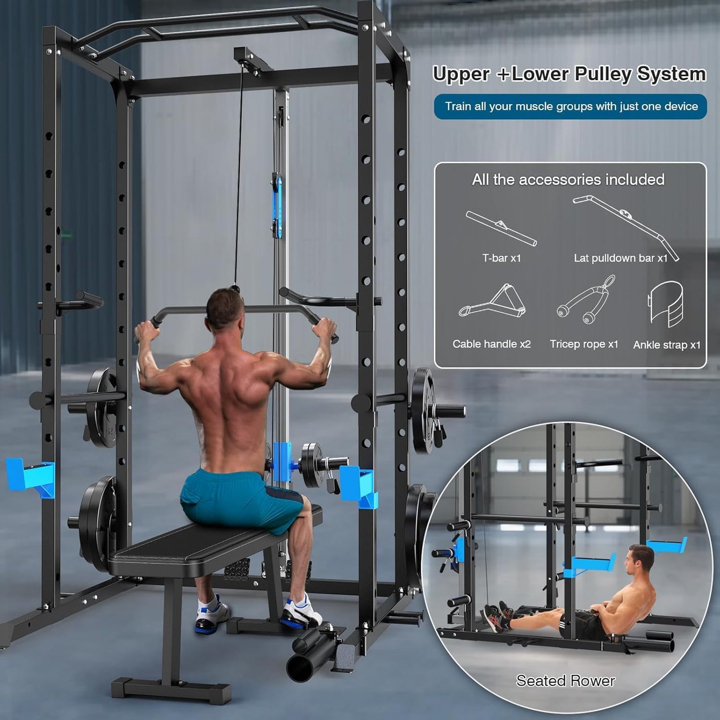 Multi-Functional Power Cage with J-Hooks, Dip Handles, Landmine Attachment, and Optional Cable Pulley System for Home Gym Workouts
