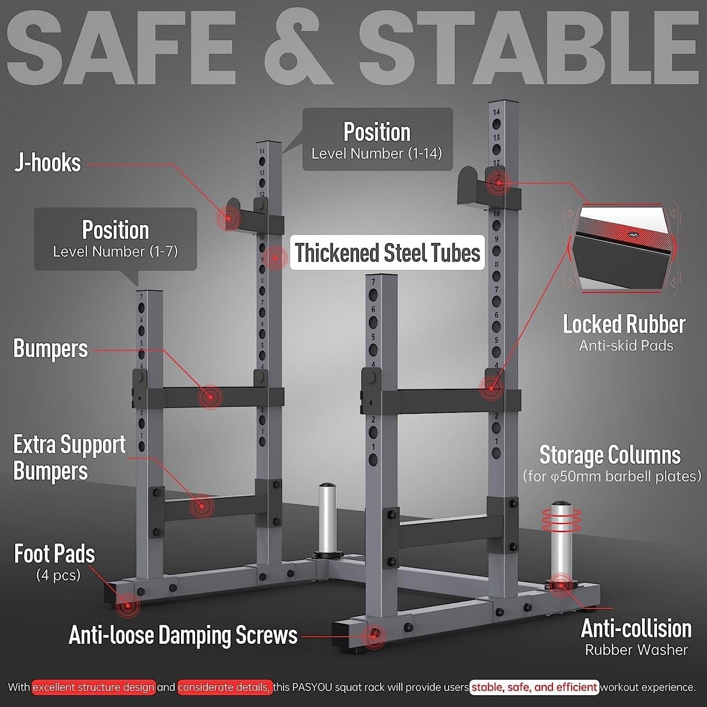 PASYOU Home Gym Squat Rack – Supports 1800 lbs Bumper Plates and 600 lbs J-Hooks, Model SR30
