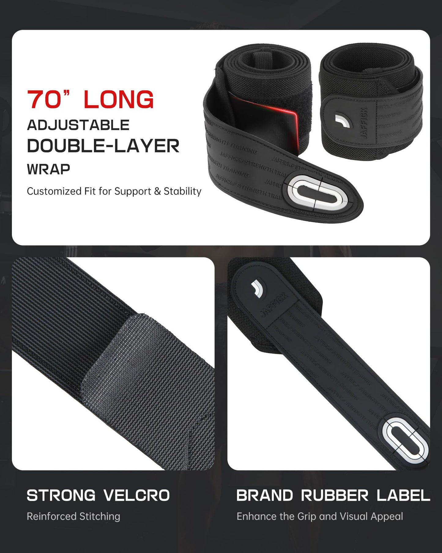 Jaffick Knee Wraps for Weightlifting (Pair) – 70" Double-Layer Reinforced Compression Knee Straps with Adjustable Hook-and-Loop Closure – Heavy-Duty Knee Support for Powerlifting, Squats & Strength Training – Gym Accessories for Men & Women