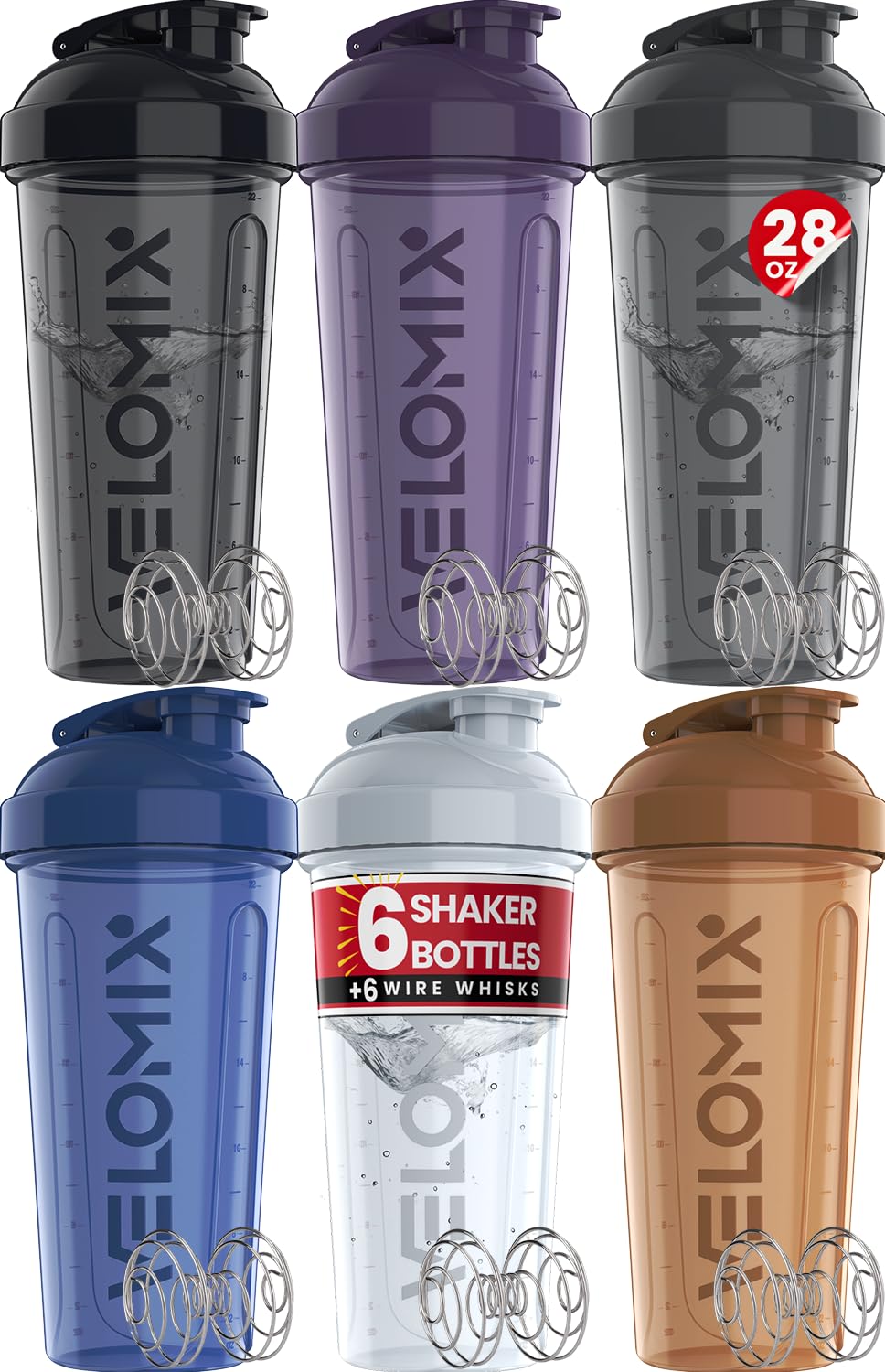 VELOMIX Protein Shaker Bottle 6-Pack (28oz) – Includes 6 Wire Whisks | Leak-Proof Shaker Cups for Protein Shakes & Pre-Workout Drinks | Durable Mixing Bottles for Fitness, Gym, and Smoothies (Elemental Mix)