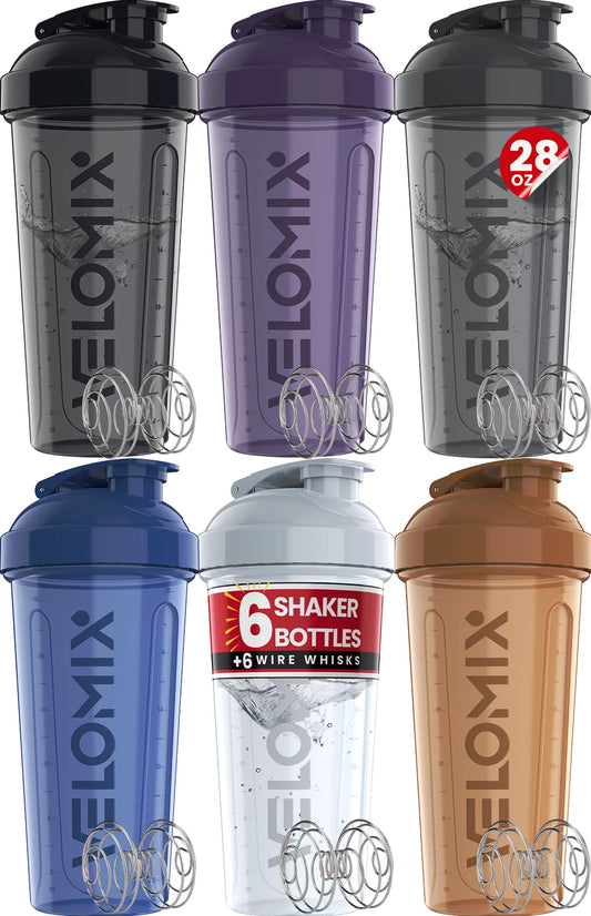 VELOMIX Protein Shaker Bottle 6-Pack (28oz) – Includes 6 Wire Whisks | Leak-Proof Shaker Cups for Protein Shakes & Pre-Workout Drinks | Durable Mixing Bottles for Fitness, Gym, and Smoothies (Elemental Mix)