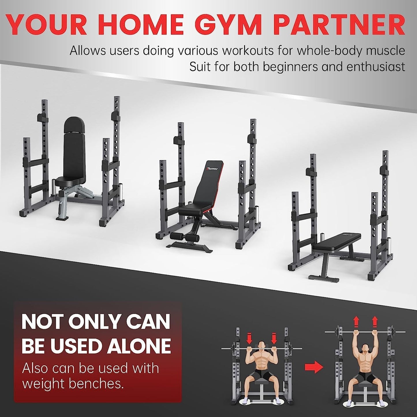 PASYOU Home Gym Squat Rack – Supports 1800 lbs Bumper Plates and 600 lbs J-Hooks, Model SR30