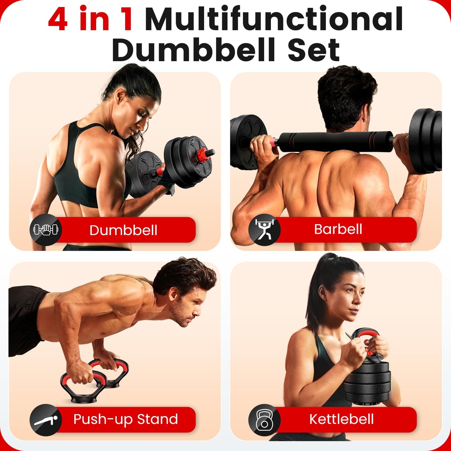 Adjustable 4-in-1 Dumbbell Set 20/33/45/70/90 lbs, Converts to Barbell, Kettlebell and Push-Up Stand for Home Gym Fitness