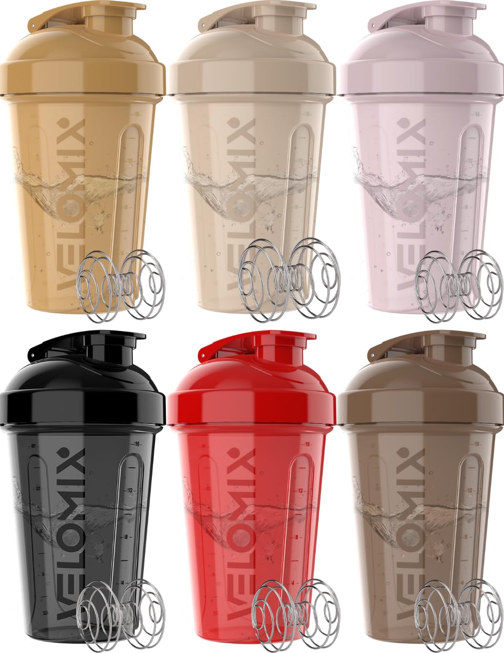 VELOMIX -6 PACK- 20 oz Protein Shaker Bottles for Protein Mixes | Leak-Proof Small Shaker Cups with Wire Whisks | Durable Protein Shake Bottle Pack for Gym, Fitness, and Smoothies (Midnight Clay Series)