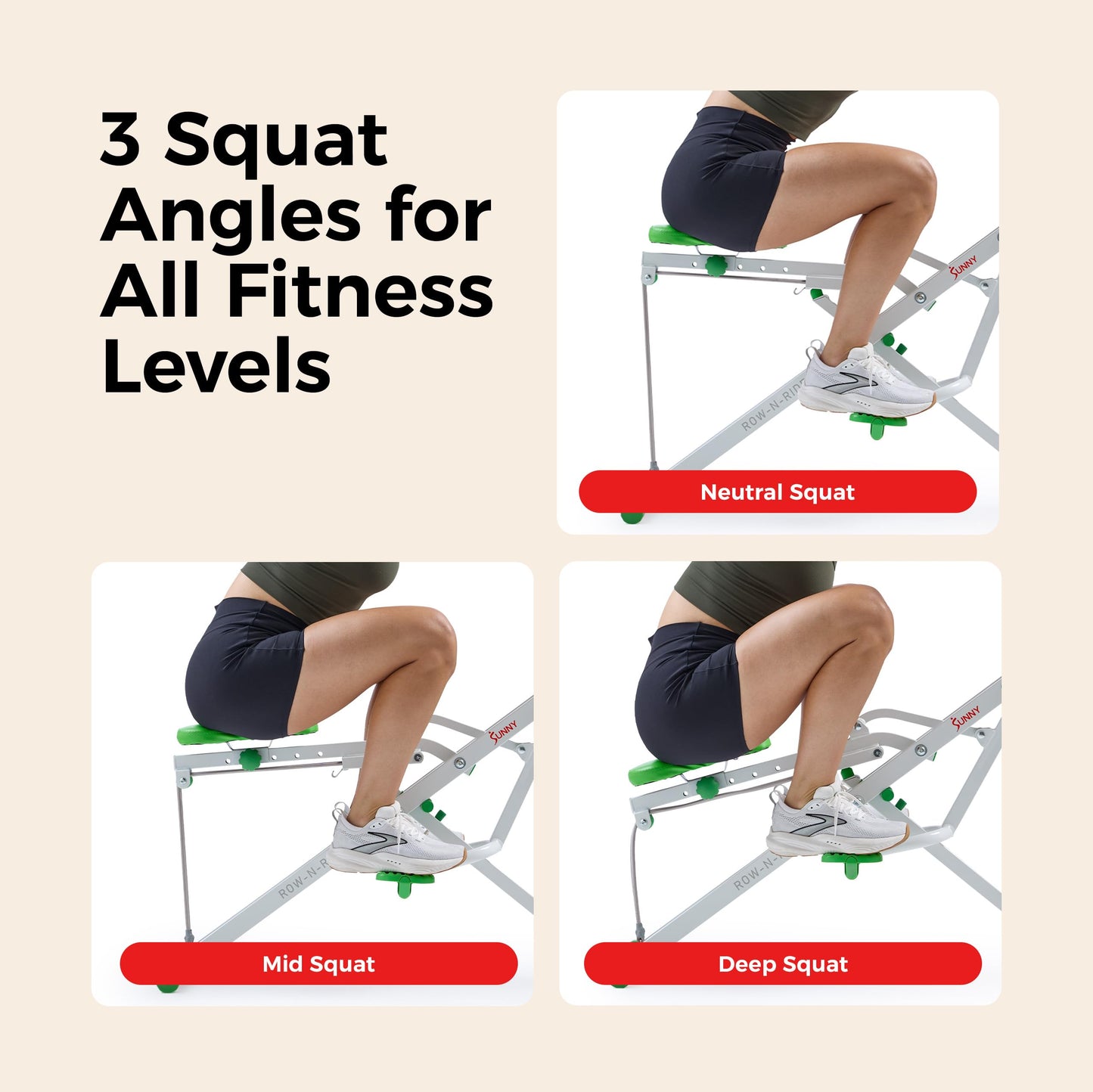 Sunny Health & Fitness Smart Row-N-Ride Glute & Leg Trainer – Foldable Squat Assist Rower with Adjustable Resistance, Digital Monitor & SunnyFit App Connectivity for Home Gym Full Body Workout