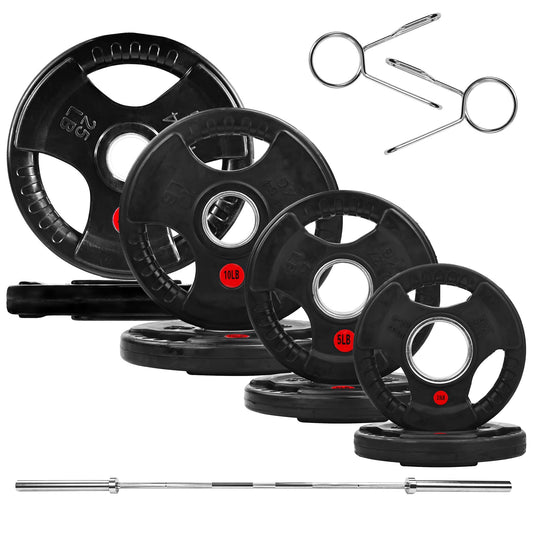 Fitvids 2-Inch Olympic Cast Iron Weight Plates with 5FT Barbell and Safety Locks – 100 lbs Set (85 lbs Plates + 15 lbs Bar), Multiple Package Options