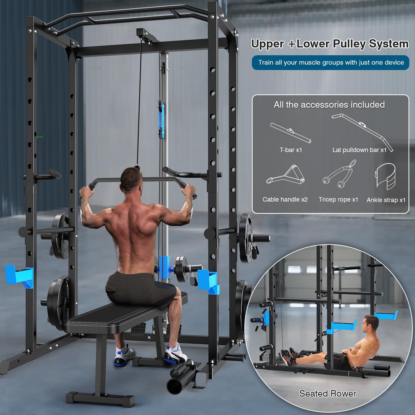 Multi-Functional Power Cage with J-Hooks, Dip Handles, Landmine Attachment, and Optional Cable Pulley System for Home Gym Workouts