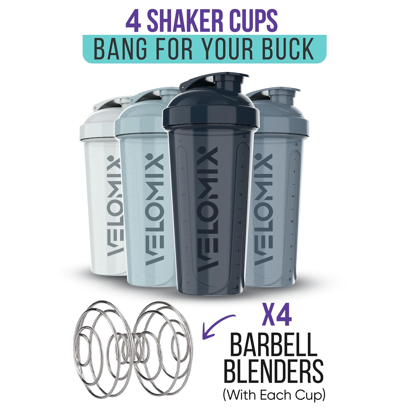 VELOMIX 4-Pack Protein Shaker Bottles (28 oz) – Includes 4 Wire Whisks | Leak-Proof Shaker Cups for Protein Shakes, Smoothies & Supplements | Durable, BPA-Free Protein Mixer Bottle Set (Aqua Depths)