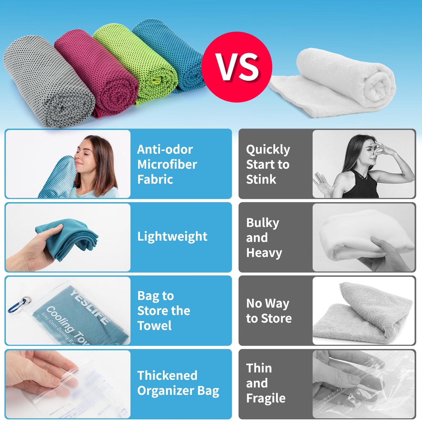 YESLIFE 4 Pack Cooling Towels (40"x12") – Soft, Breathable Gym Towels for Men & Women | Quick Dry Workout Towels for Yoga, Running, Sports & Outdoor Activities (Blue, Grey, Green, Pink)