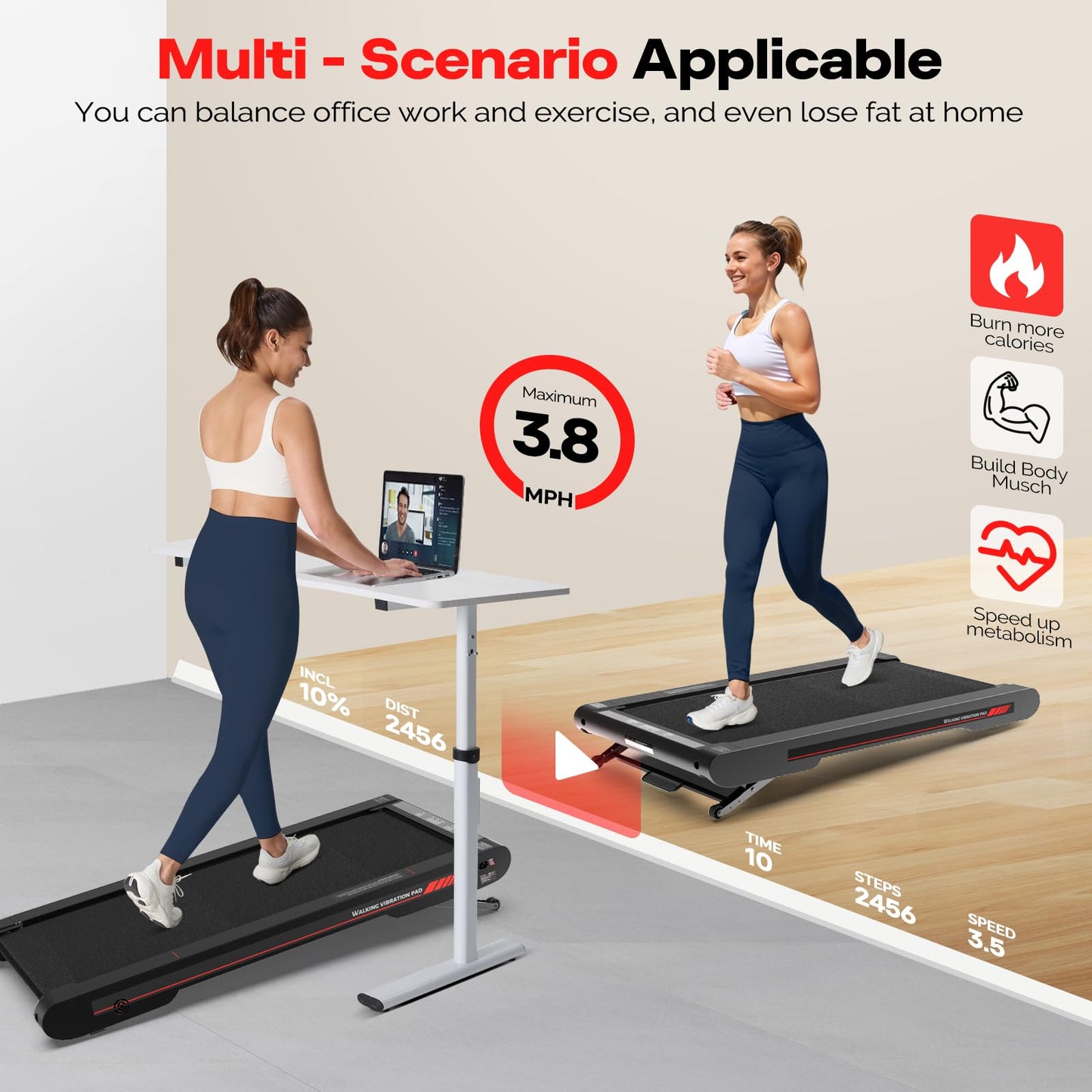 3 in 1 Under Desk Walking Treadmill Pad with APP, 400W Low Noise Portable Vibration Pad with Remote for Home Office