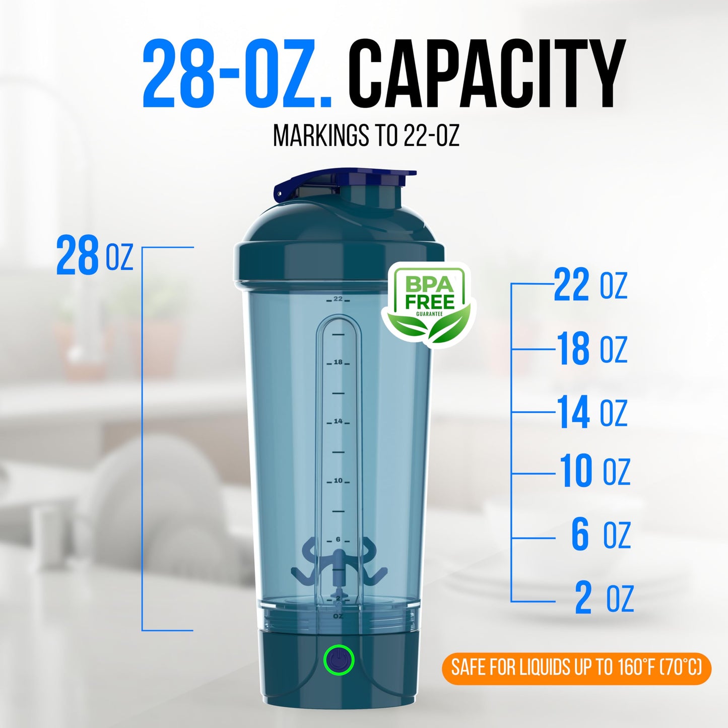 VELOMIX Electric Protein Shaker Bottle (24oz) – USB-C Rechargeable, Leak-Proof Automatic Mixer Cup – Portable Electric Blender Bottle for Protein Shakes, Smoothies & Pre-Workout Drinks (Blue)