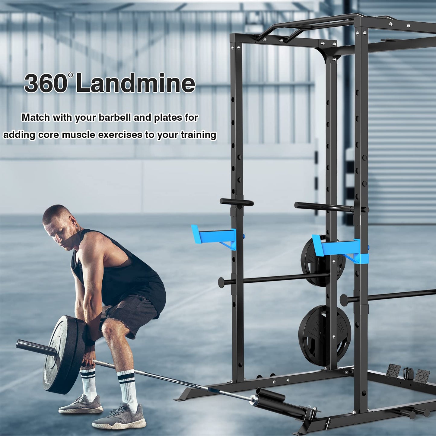 Multi-Functional Power Cage with J-Hooks, Dip Handles, Landmine Attachment, and Optional Cable Pulley System for Home Gym Workouts