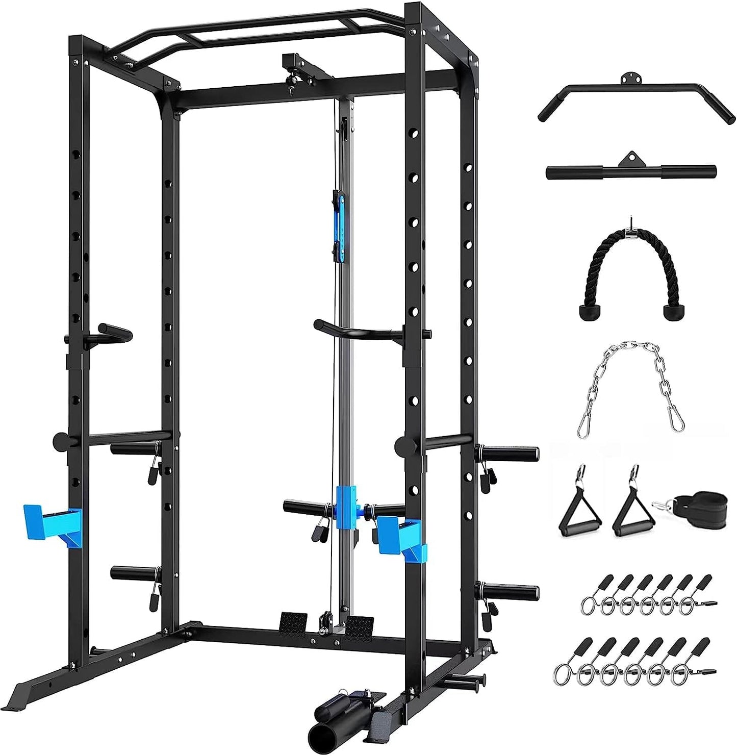 Multi-Functional Power Cage with J-Hooks, Dip Handles, Landmine Attachment, and Optional Cable Pulley System for Home Gym Workouts