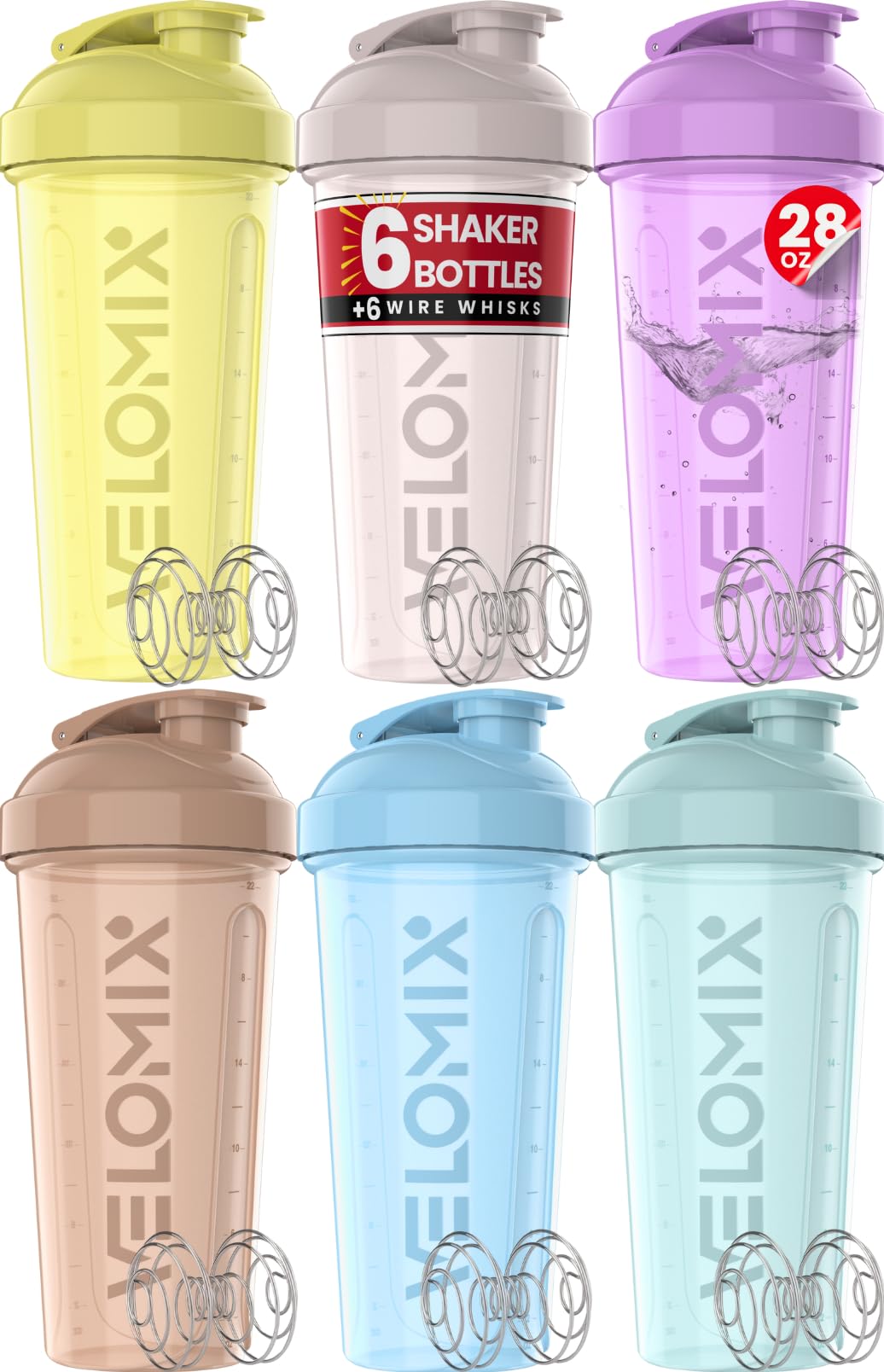 VELOMIX Protein Shaker Bottle 6-Pack (28oz) – Includes 6 Wire Whisks | Leak-Proof Shaker Cups for Protein Shakes & Pre-Workout Drinks | Durable Mixing Bottles for Gym, Fitness, and Smoothies (Pastel Power Series)