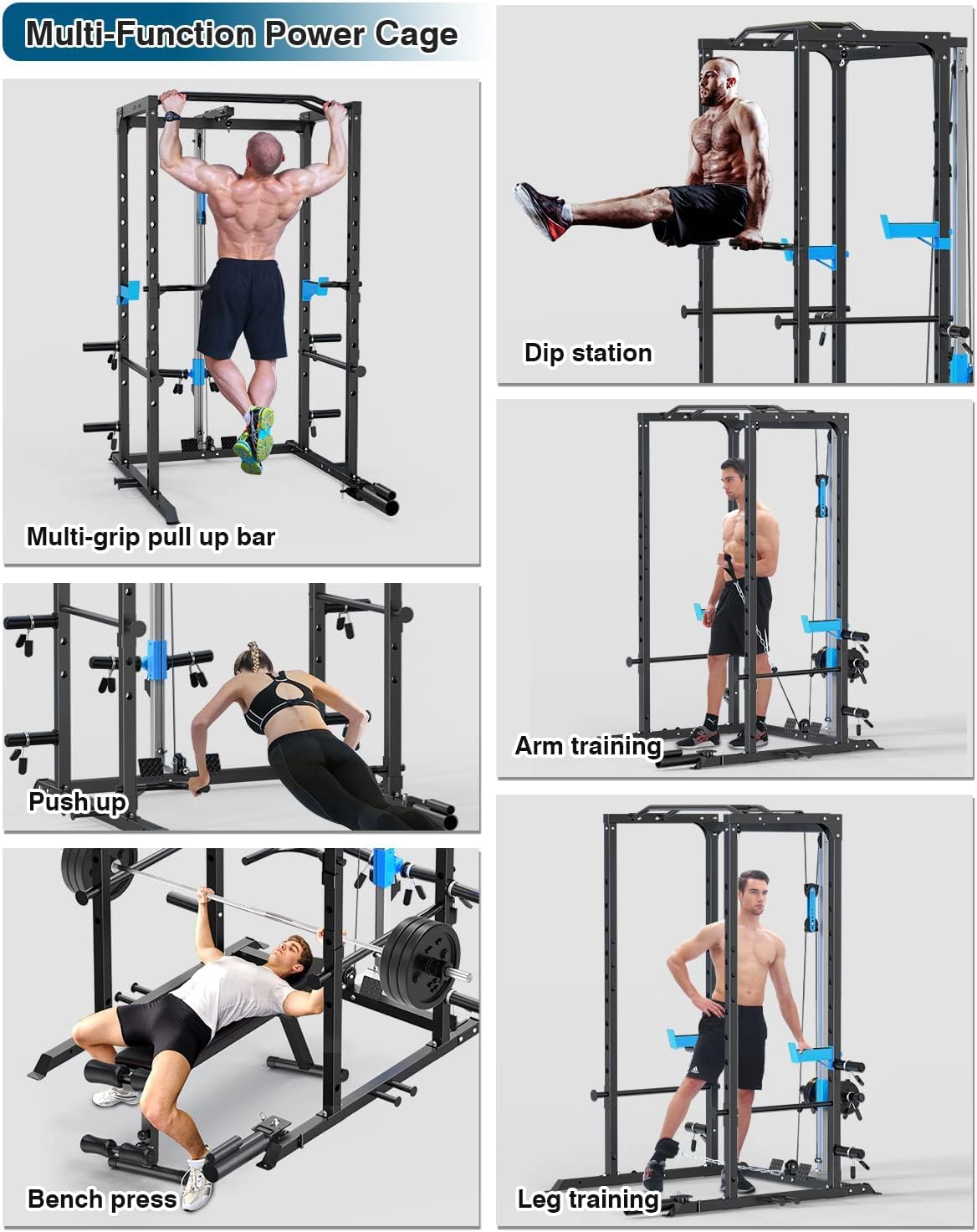 Multi-Functional Power Cage with J-Hooks, Dip Handles, Landmine Attachment, and Optional Cable Pulley System for Home Gym Workouts