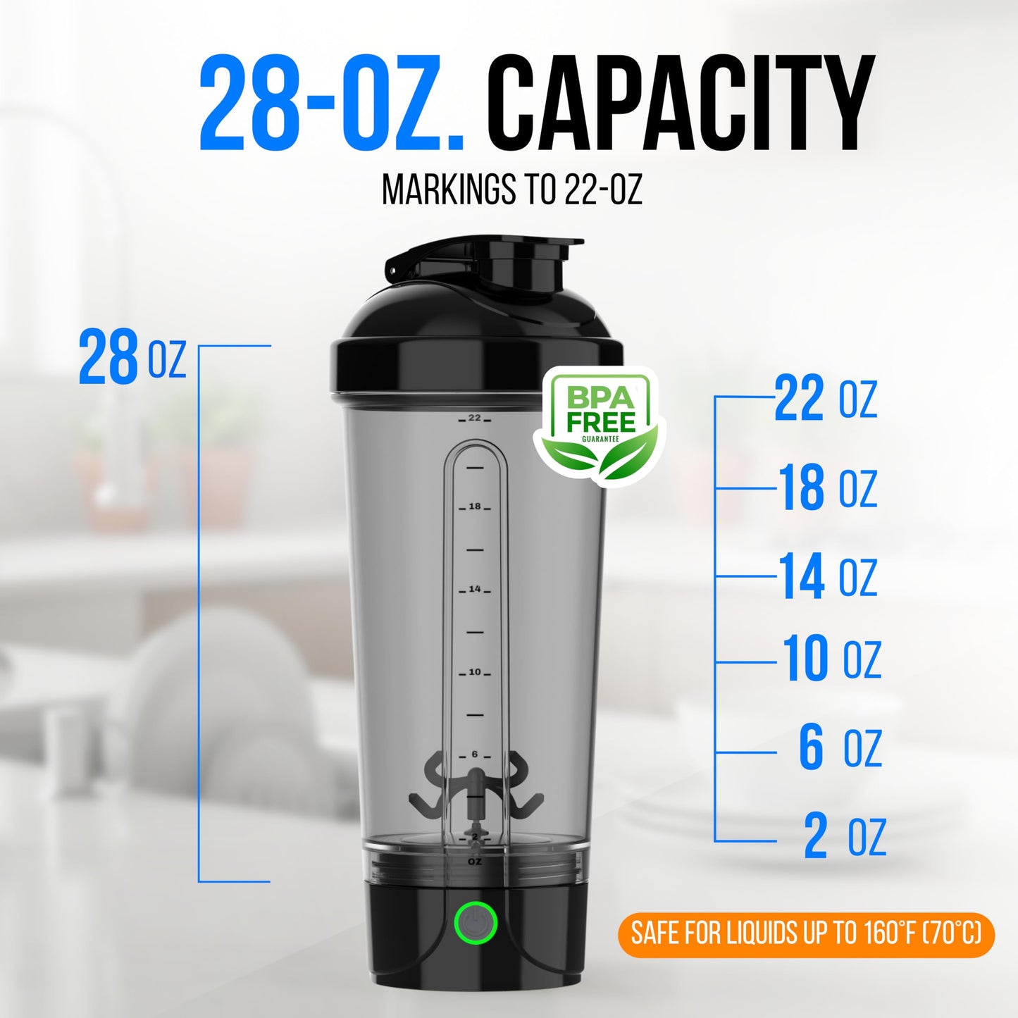 VELOMIX Electric Protein Shaker Bottle (24oz) – USB-C Rechargeable, Leak-Proof Automatic Mixer Cup – Portable Electric Blender Bottle for Protein Shakes, Smoothies & Pre-Workout Drinks (Black)