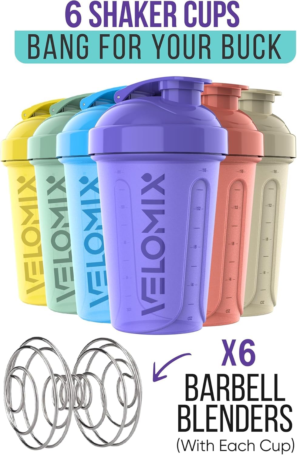 VELOMIX -6 PACK- 20 oz Protein Shaker Bottles for Protein Mixes | Leak-Proof Small Shaker Cups with Wire Whisks | Durable Protein Shake Bottle Pack for Gym, Fitness, and Smoothies (Pastel Shades Series)