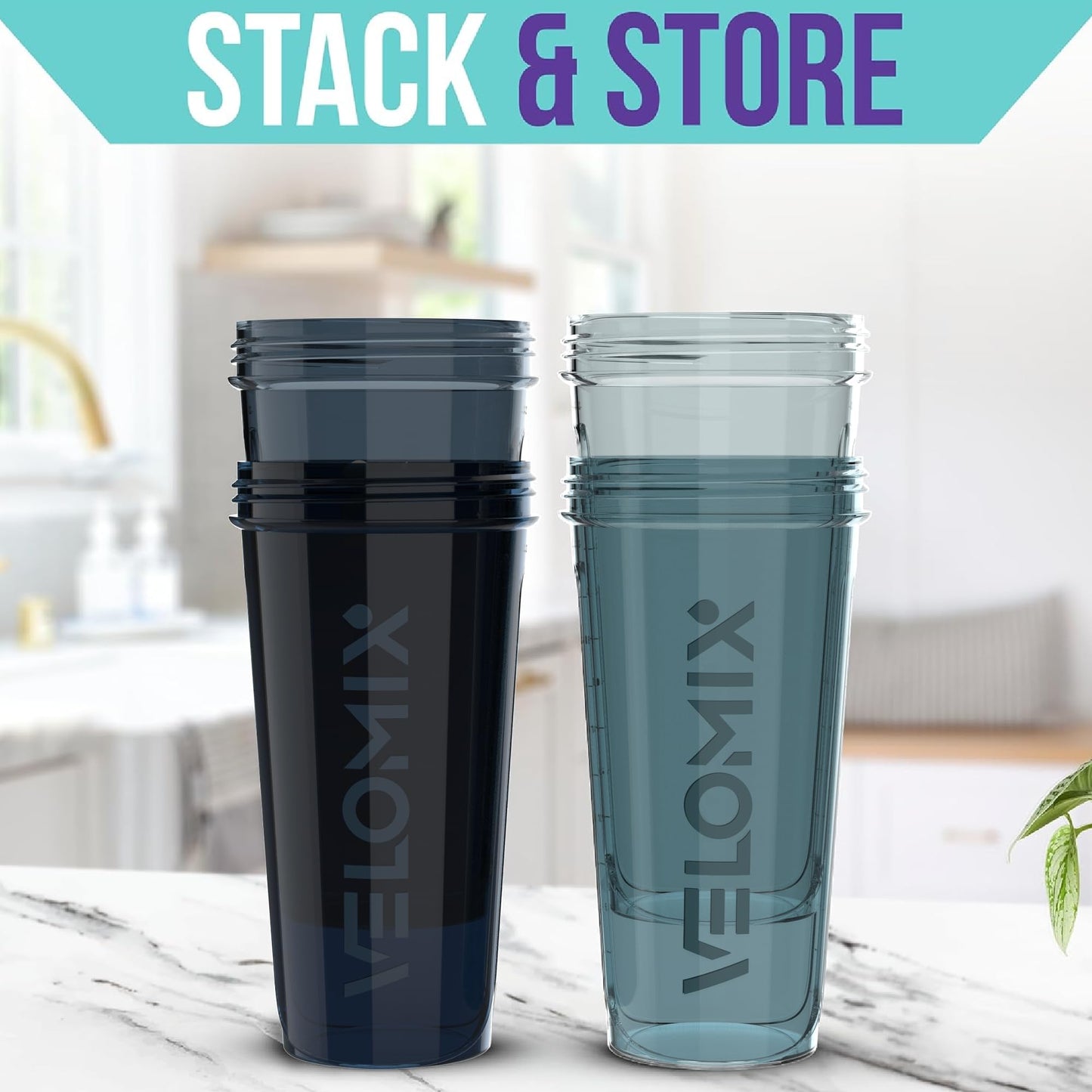 VELOMIX 4-Pack Protein Shaker Bottles (28 oz) – Includes 4 Wire Whisks | Leak-Proof Shaker Cups for Protein Shakes, Smoothies & Supplements | Durable, BPA-Free Protein Mixer Bottle Set (Aqua Depths)